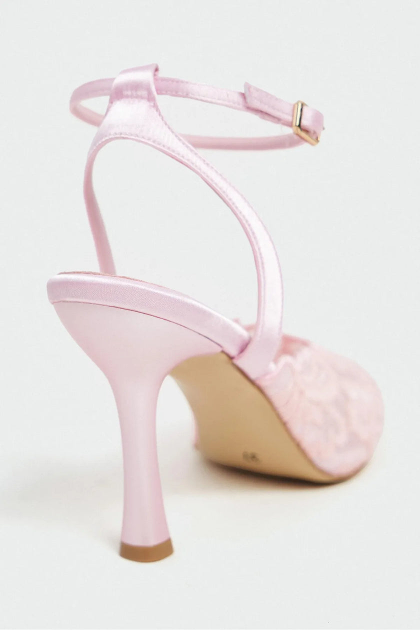 AVENY Sugar Pink Lace Embroidered Back Strap Women’s Heel Shoes