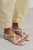SELENE BEIGE CROSS-STRAP FLAT WOMEN’S SANDALS WITH GOLD ACCENT
