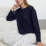 Navy Blue Gilded Galaxy Patterned Baby Overlock Detailed Knitted Pajama Set - Lebbse