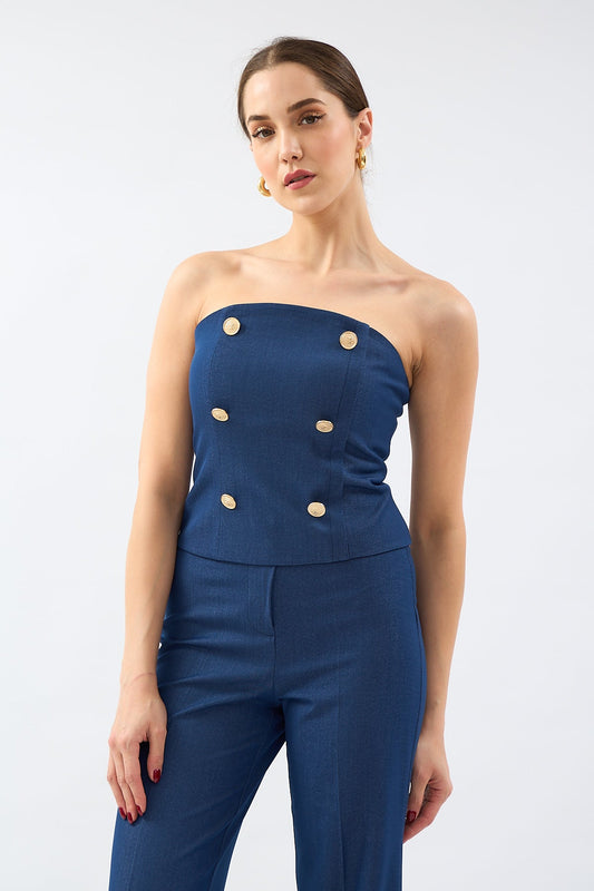 Navy Blue Gold Button Detailed Strapless Bustier - Lebbse
