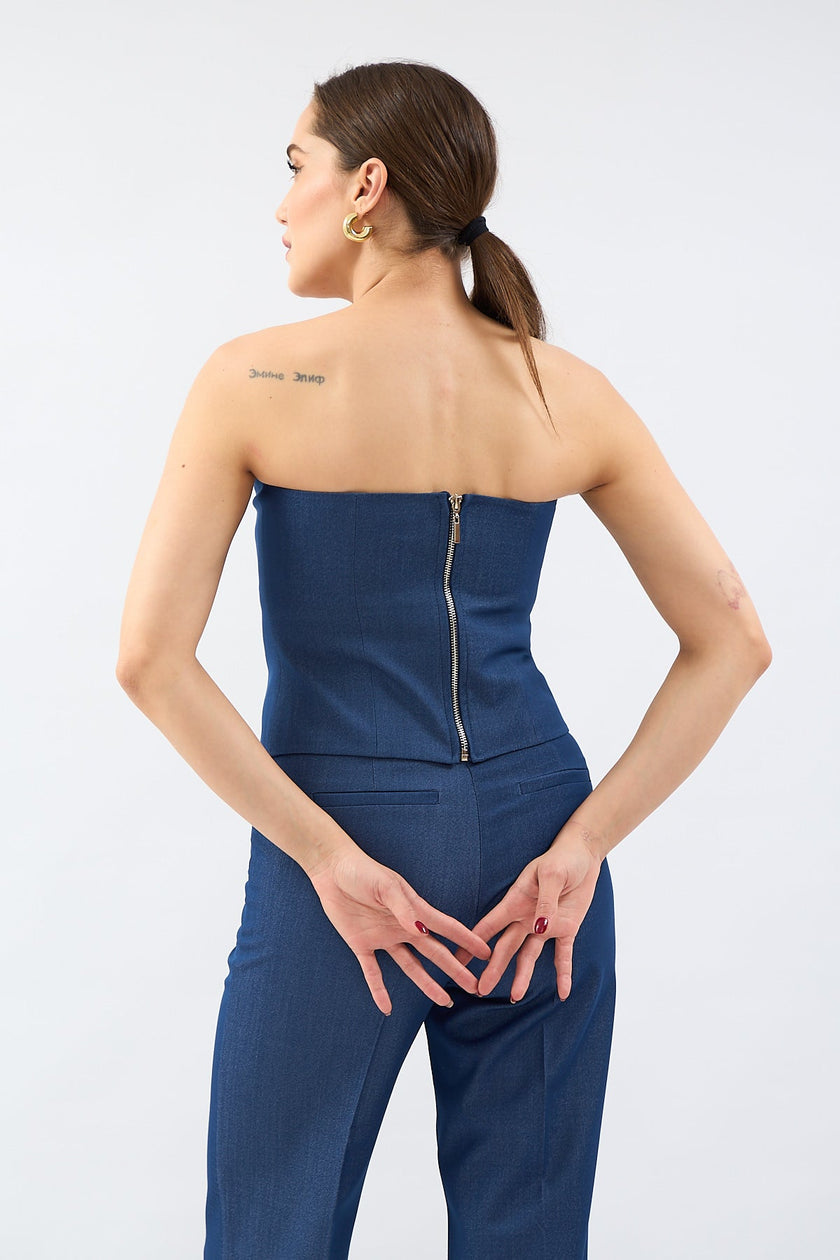 Navy Blue Gold Button Detailed Strapless Bustier - Lebbse