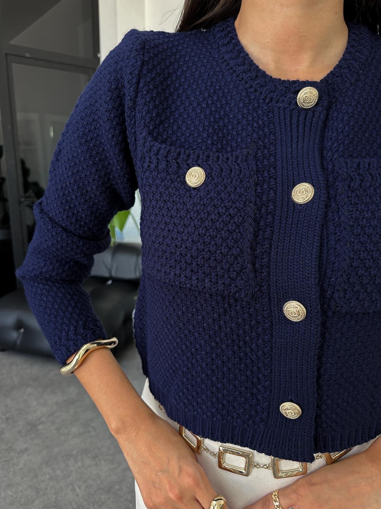 Navy Blue Gold Button Pocket Knitted Cardigan - Lebbse