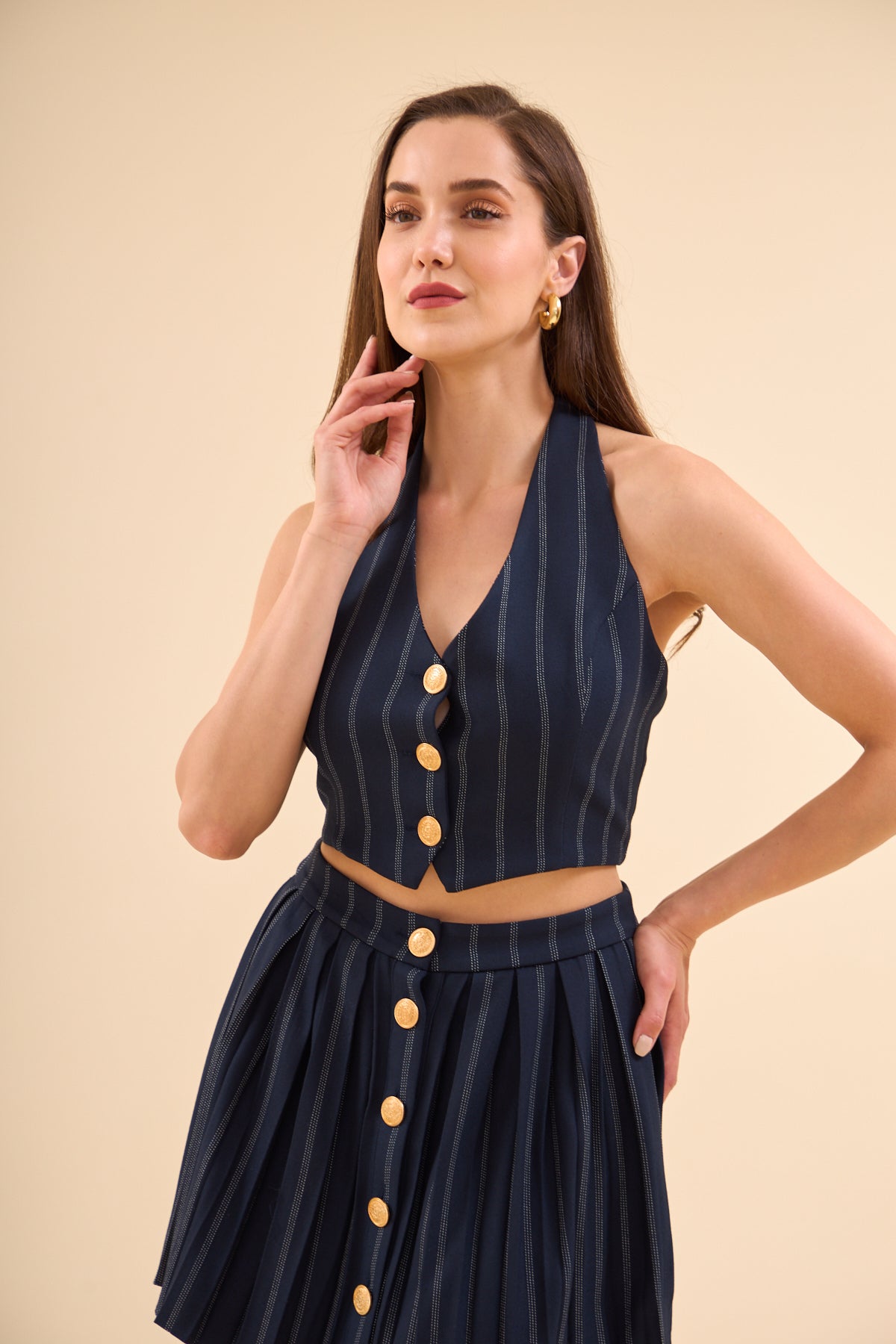 Navy Blue Gold Buttoned Vest And Pleated Skirt Set - Lebbse