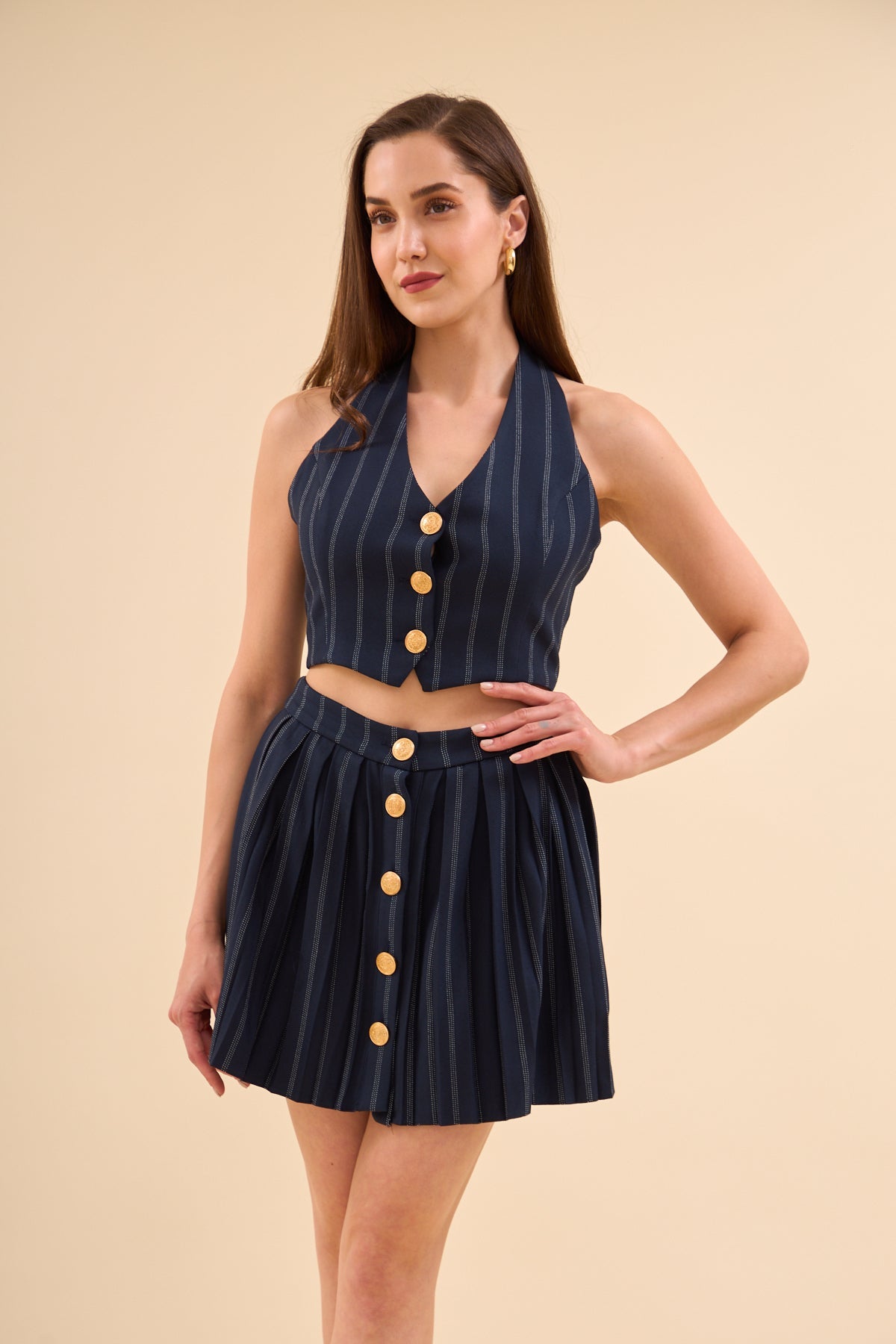 Navy Blue Gold Buttoned Vest And Pleated Skirt Set - Lebbse