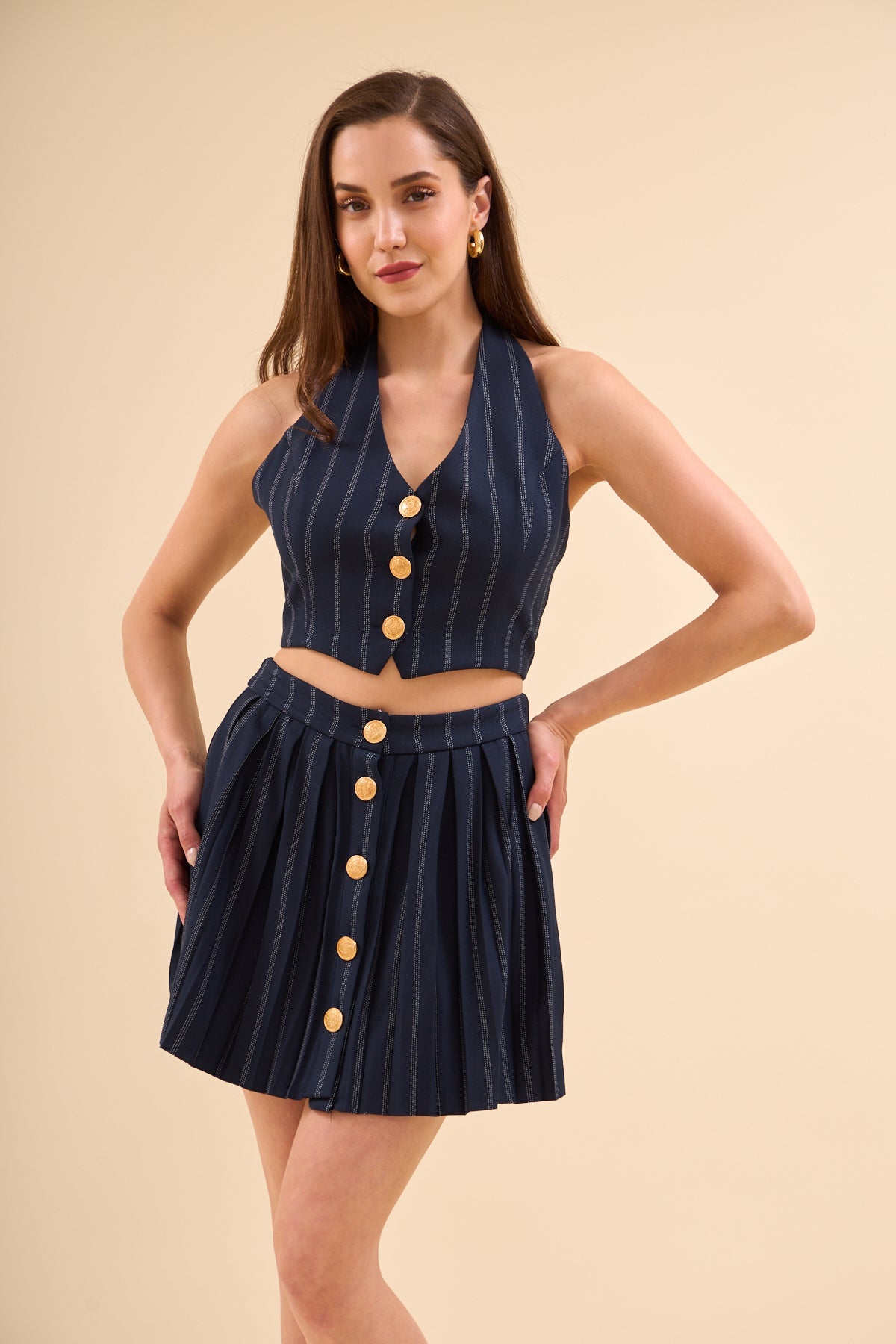 Navy Blue Gold Buttoned Vest And Pleated Skirt Set - Lebbse