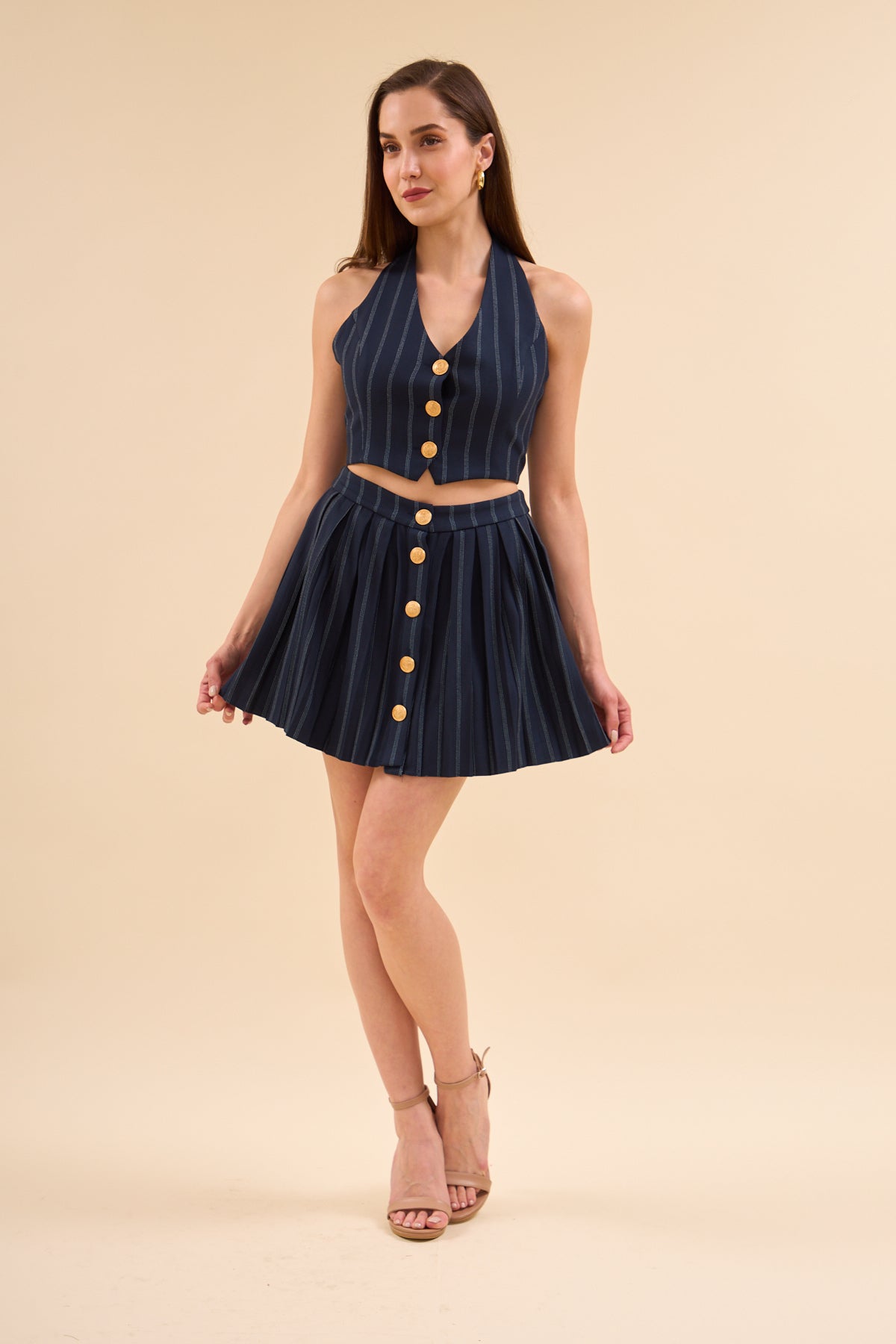 Navy Blue Gold Buttoned Vest And Pleated Skirt Set - Lebbse