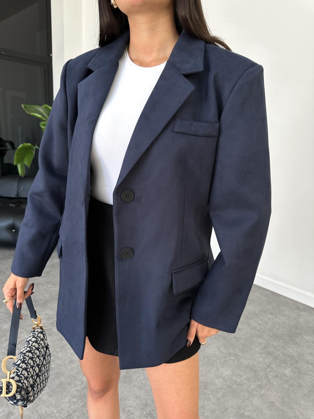 Navy Blue Oversize Suede Jacket - Lebbse