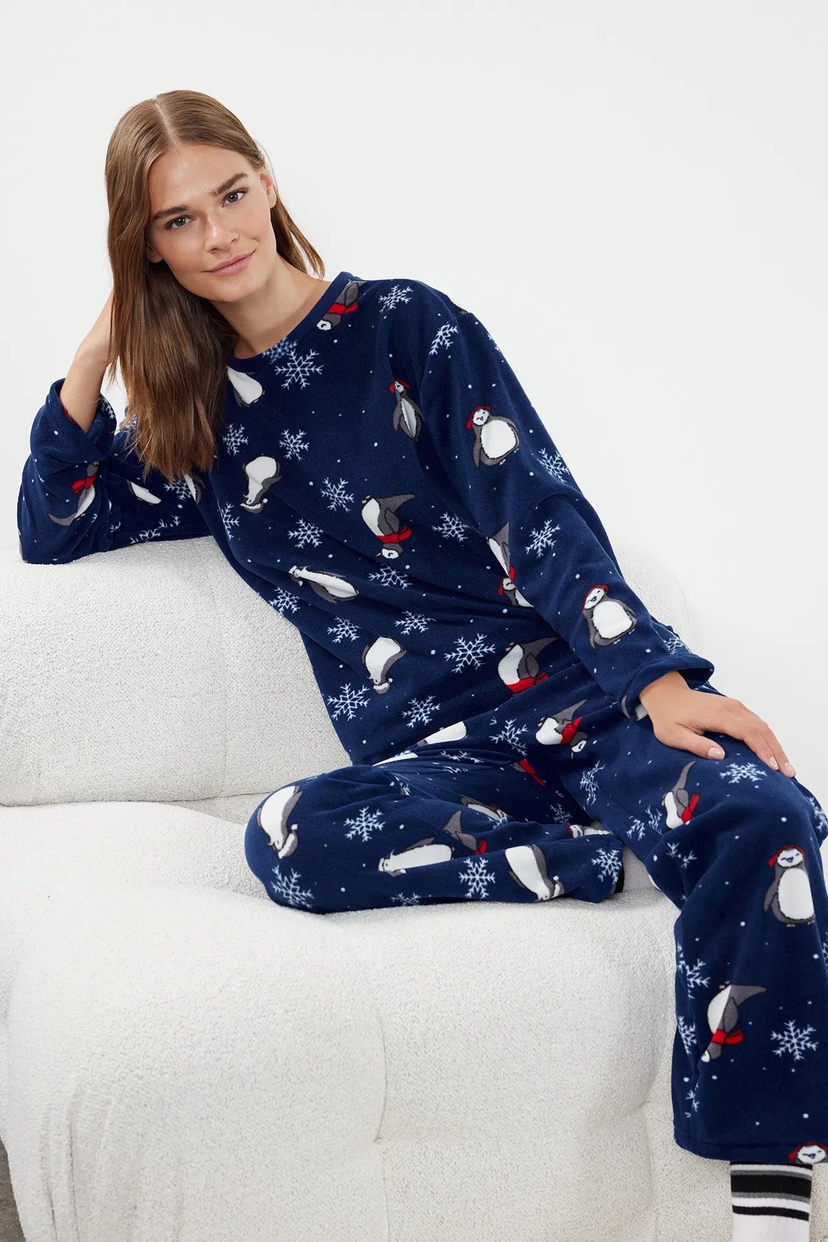 Navy Blue Penguin/Winter Patterned Polar Winter Knitted Pajama Set - Lebbse