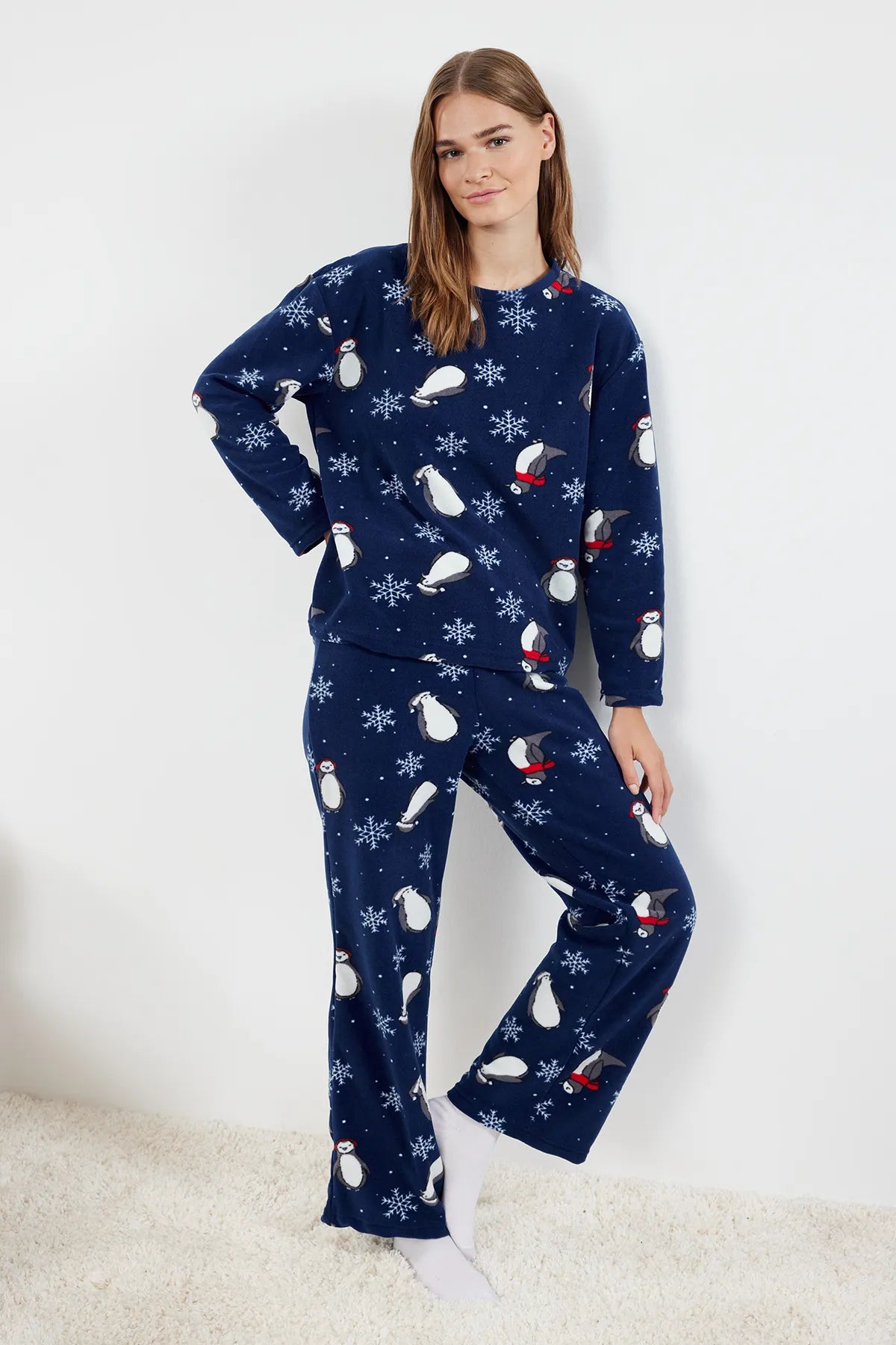 Navy Blue Penguin/Winter Patterned Polar Winter Knitted Pajama Set - Lebbse