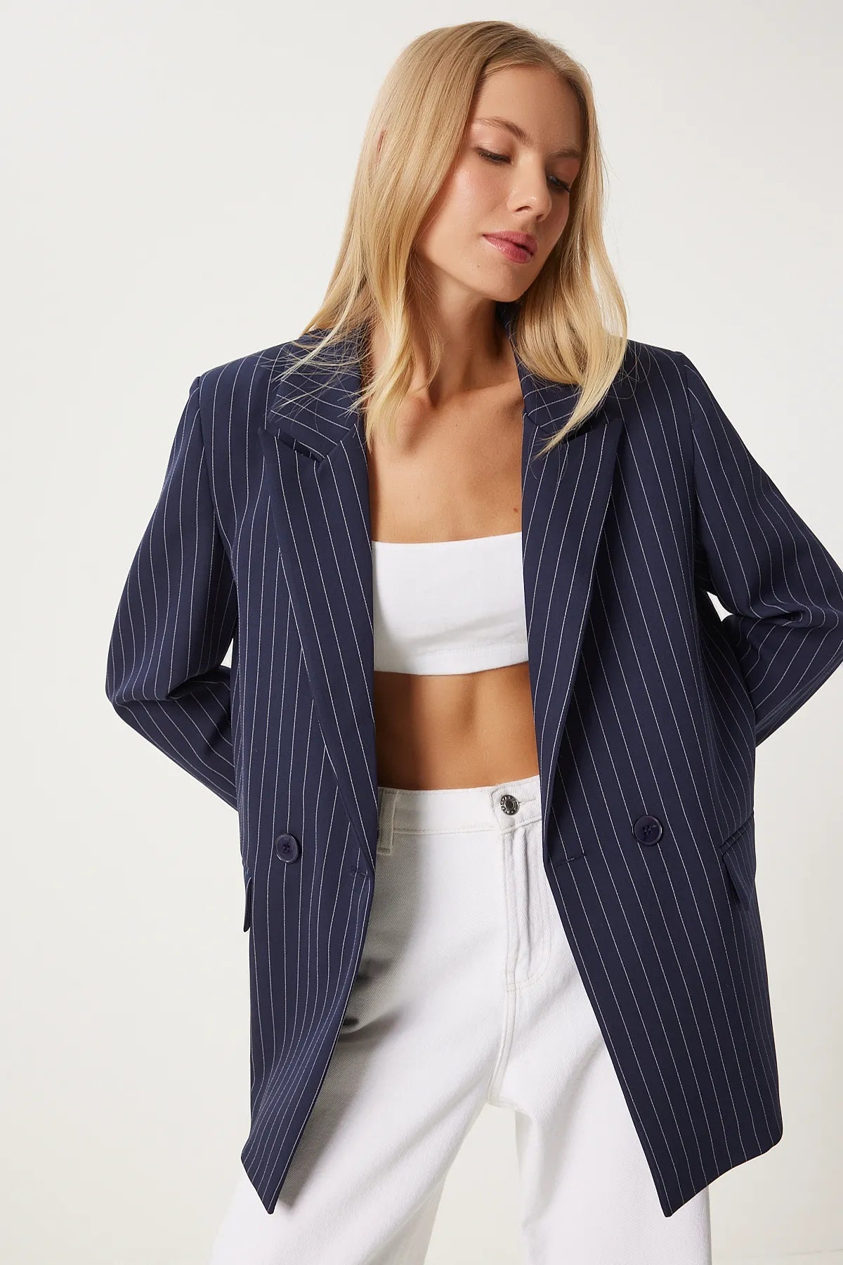 Navy Blue Pinstripe Oversize Double Breasted Jacket - Lebbse