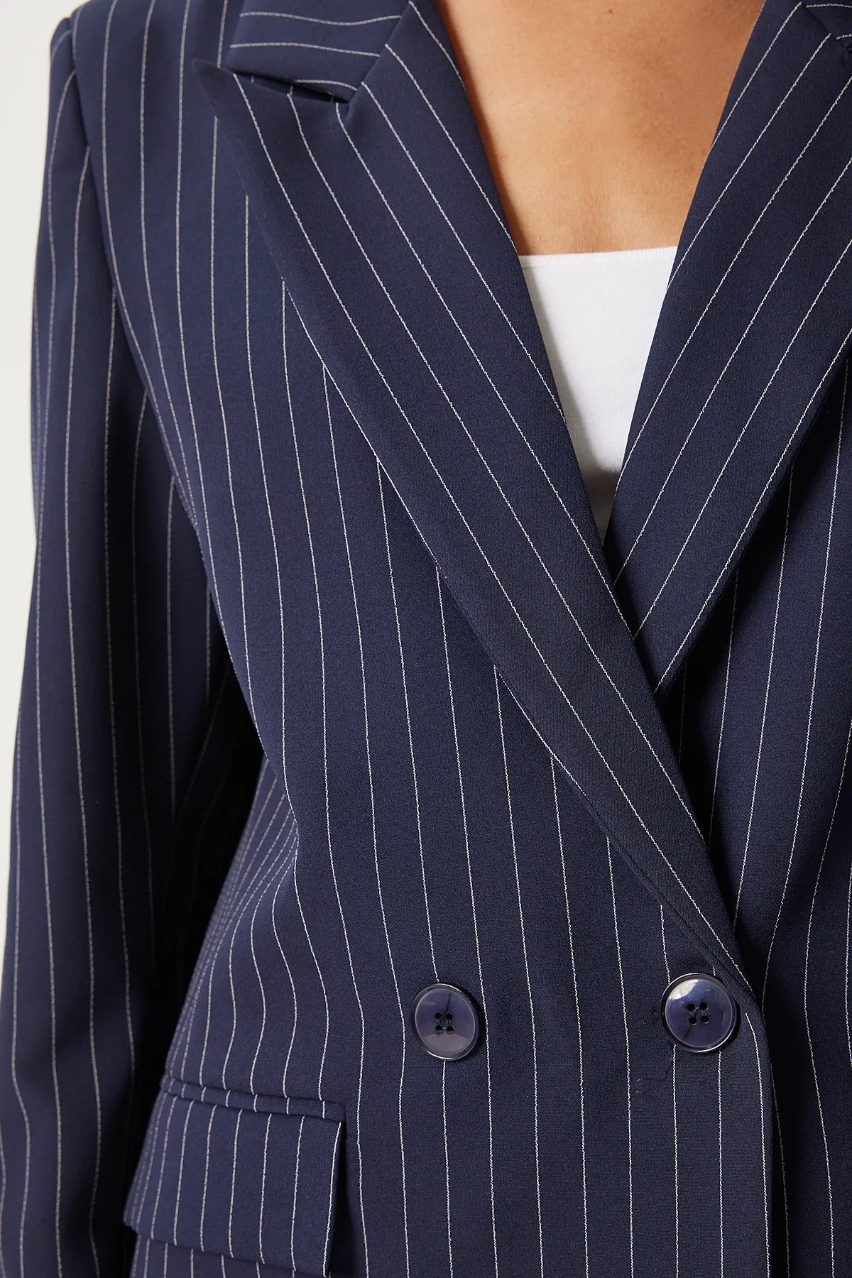 Navy Blue Pinstripe Oversize Double Breasted Jacket - Lebbse