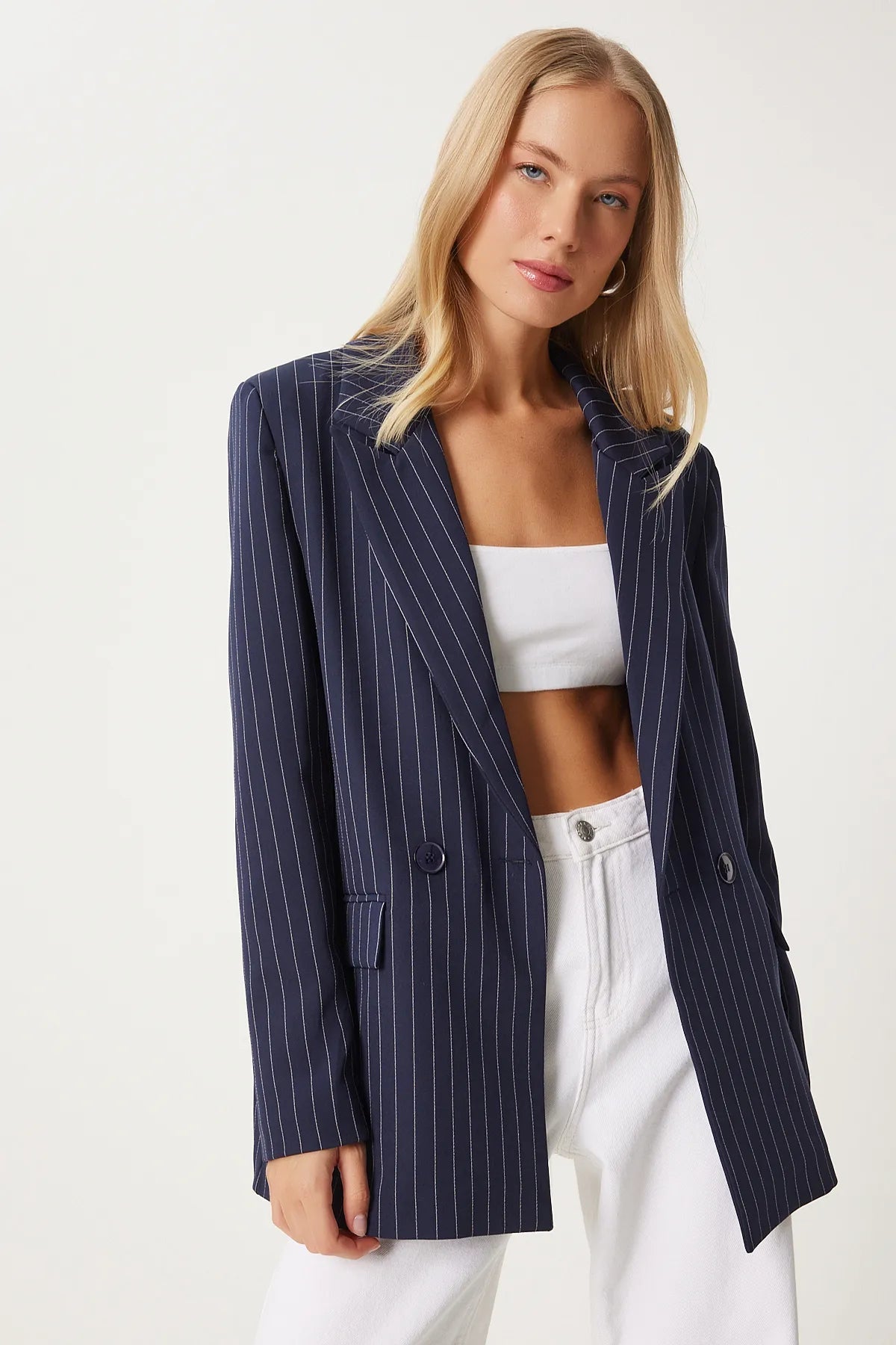 Navy Blue Pinstripe Oversize Double Breasted Jacket - Lebbse