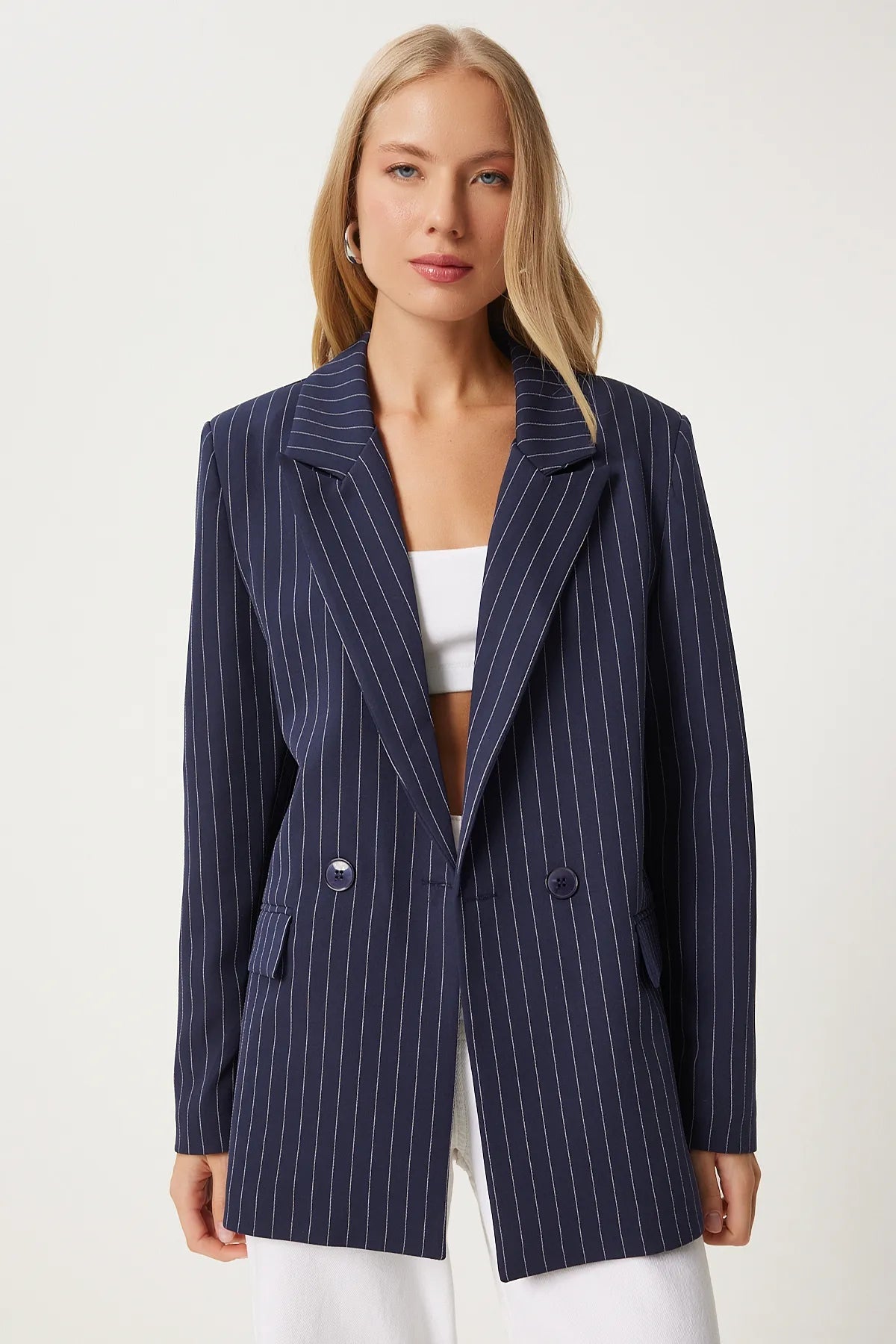 Navy Blue Pinstripe Oversize Double Breasted Jacket - Lebbse