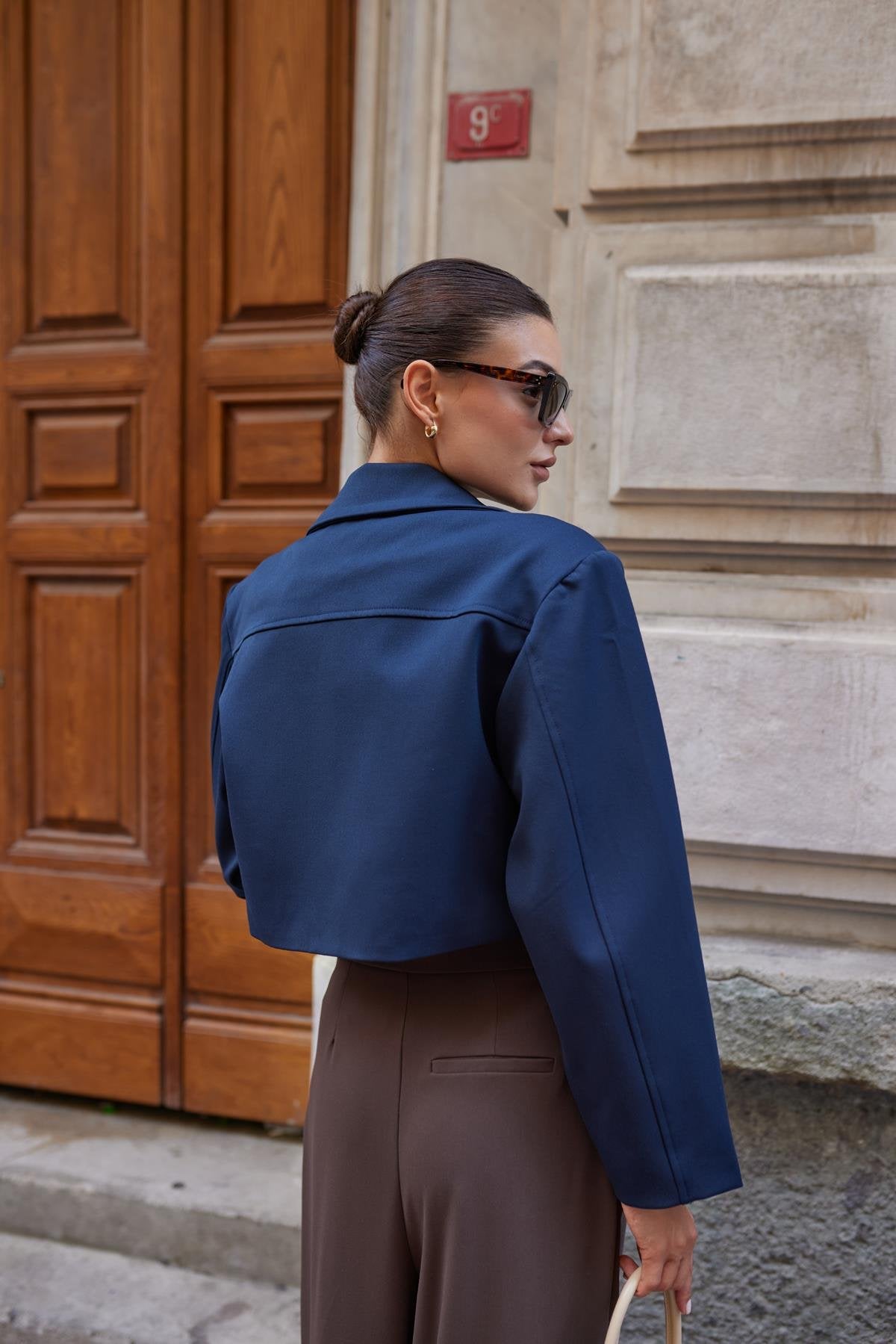 Navy Blue Polo Collar Snap Flap Pocket Crop Jacket - Lebbse