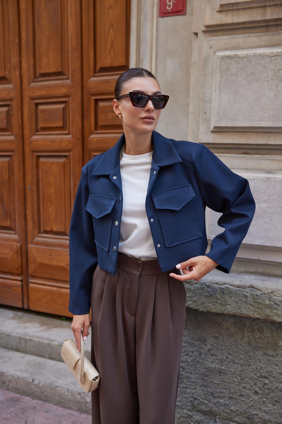 Navy Blue Polo Collar Snap Flap Pocket Crop Jacket - Lebbse