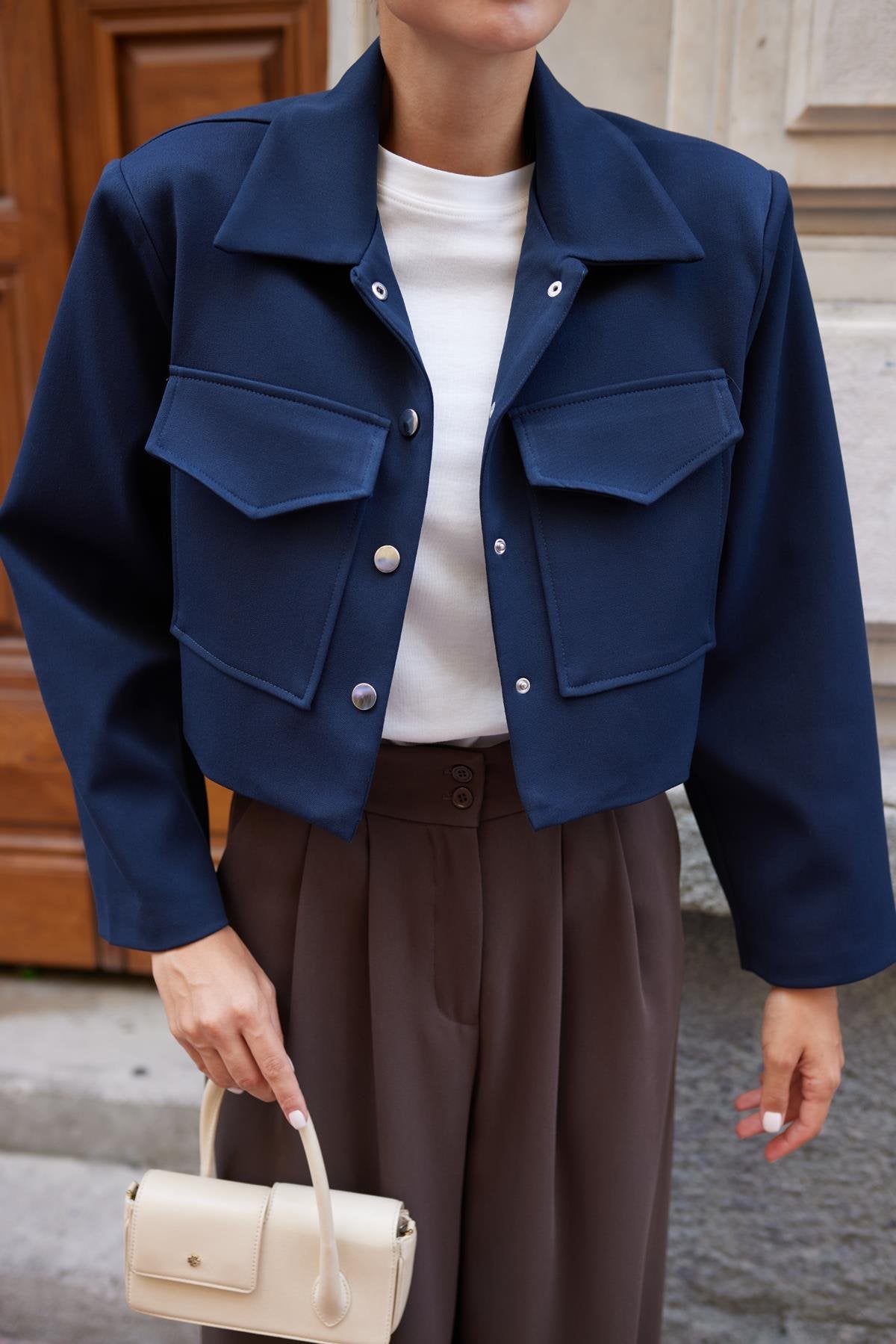 Navy Blue Polo Collar Snap Flap Pocket Crop Jacket - Lebbse