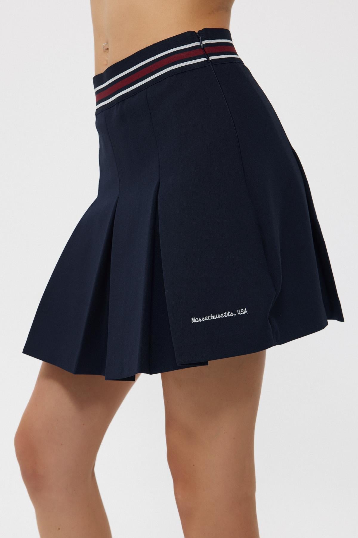 Navy Blue Ribbed Pleated Mini Skirt - Lebbse