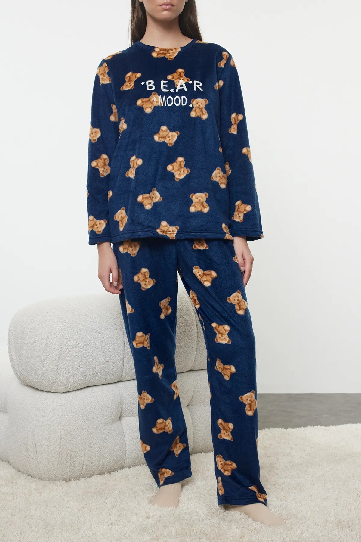 Navy Blue Teddy Bear and Slogan Embroidered Polar Winter Knitted Pajama Set - Lebbse