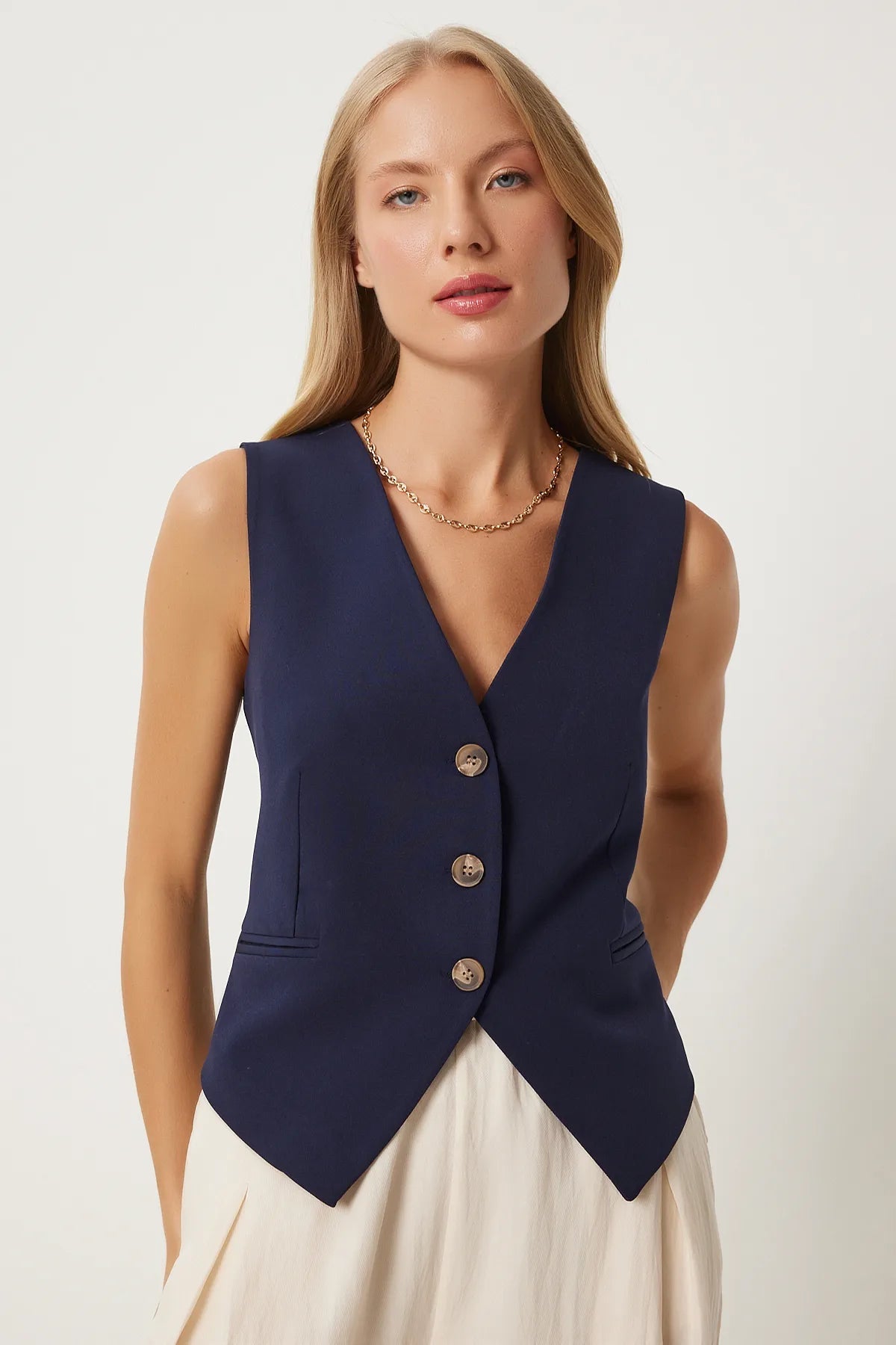 Navy Blue V Neck Woven Vest - Lebbse