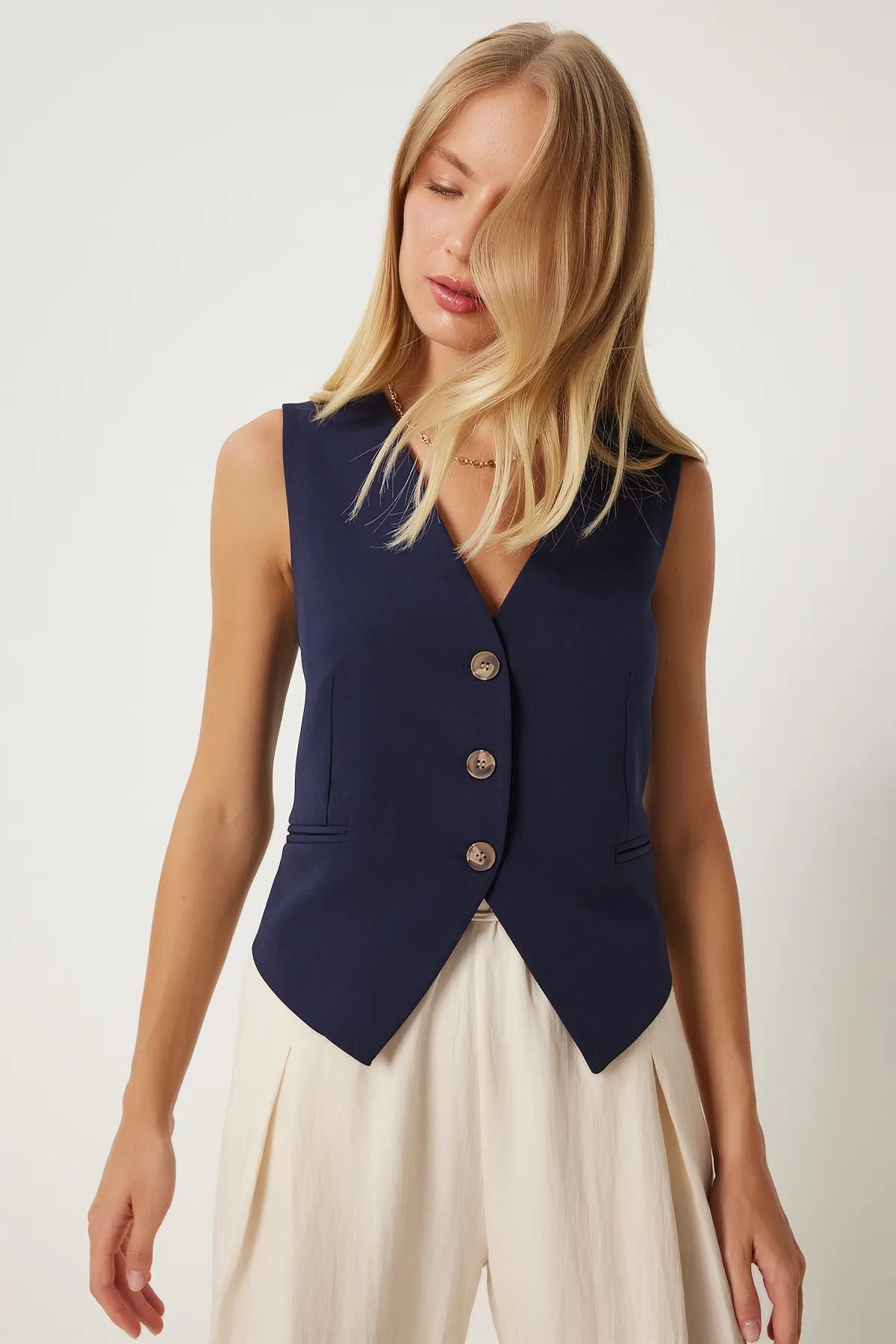 Navy Blue V Neck Woven Vest - Lebbse