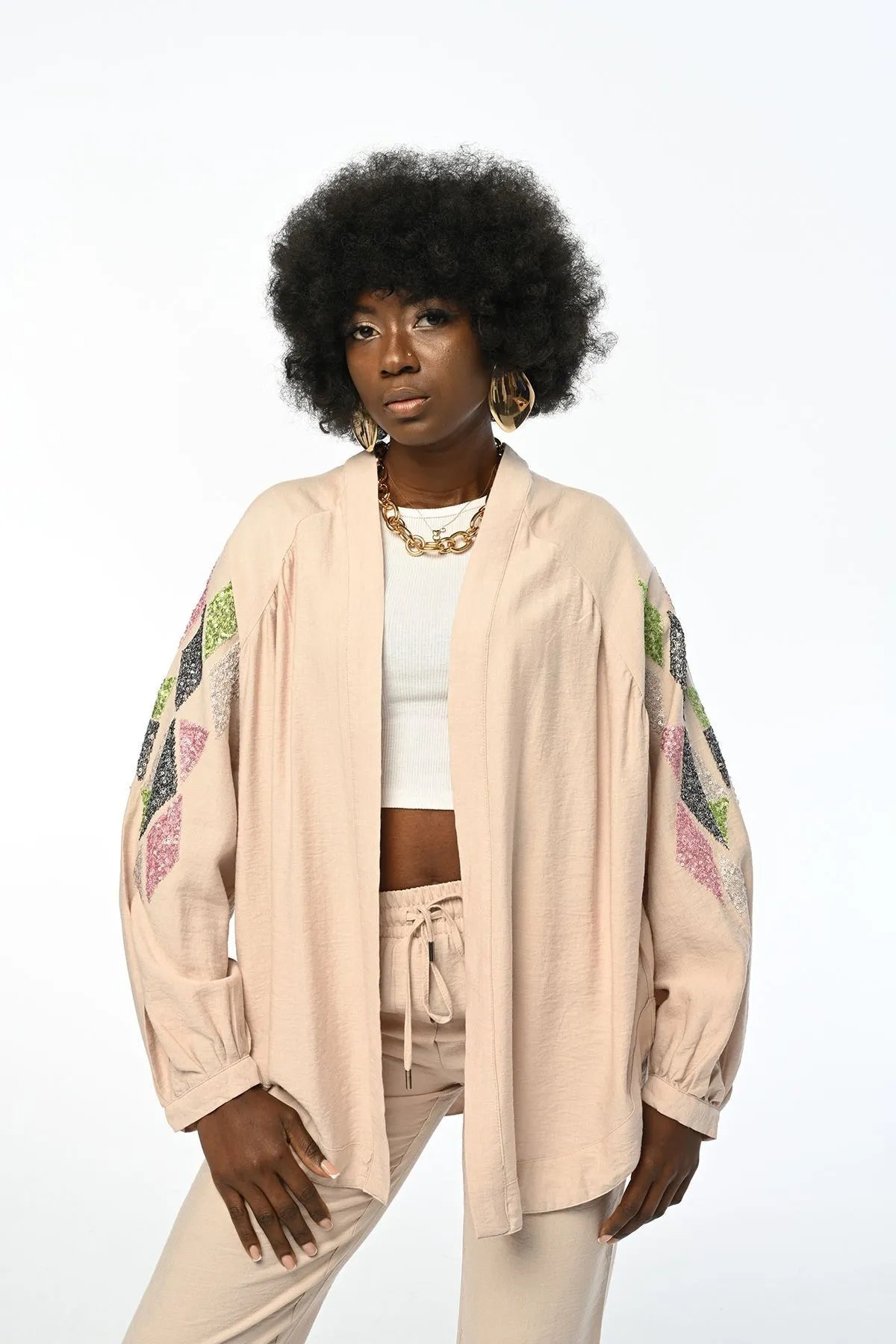 Oversized Cut Kimono With Embroidered Sleeve And Back