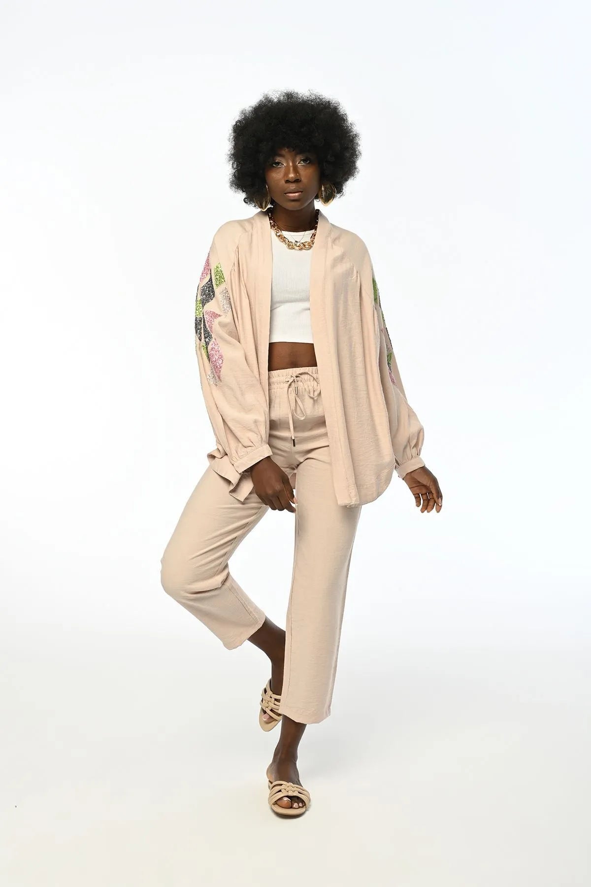 Oversized Cut Kimono With Embroidered Sleeve And Back
