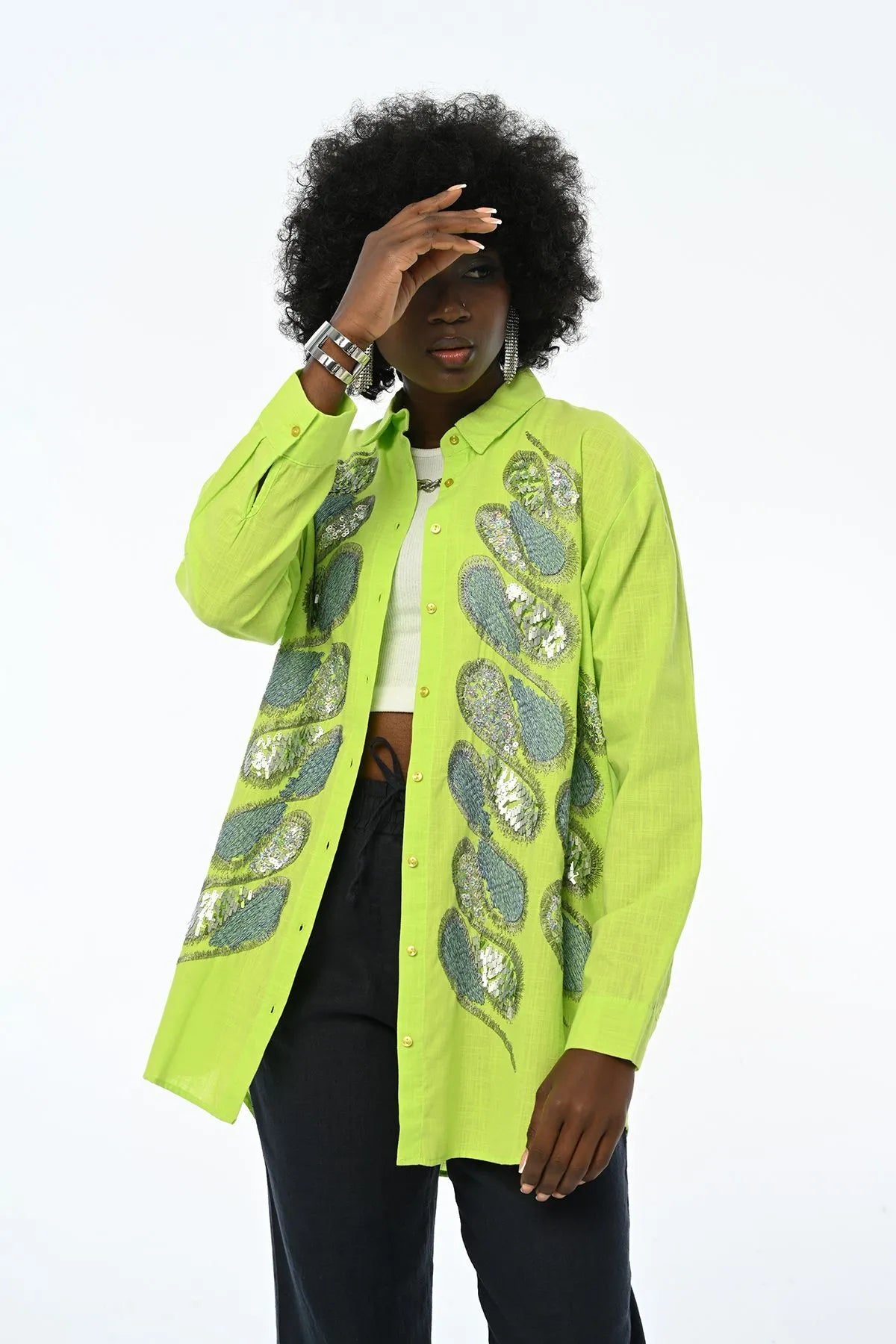 Women's Embroidery And Sequin Embroidery Oversize Cotton Shirt