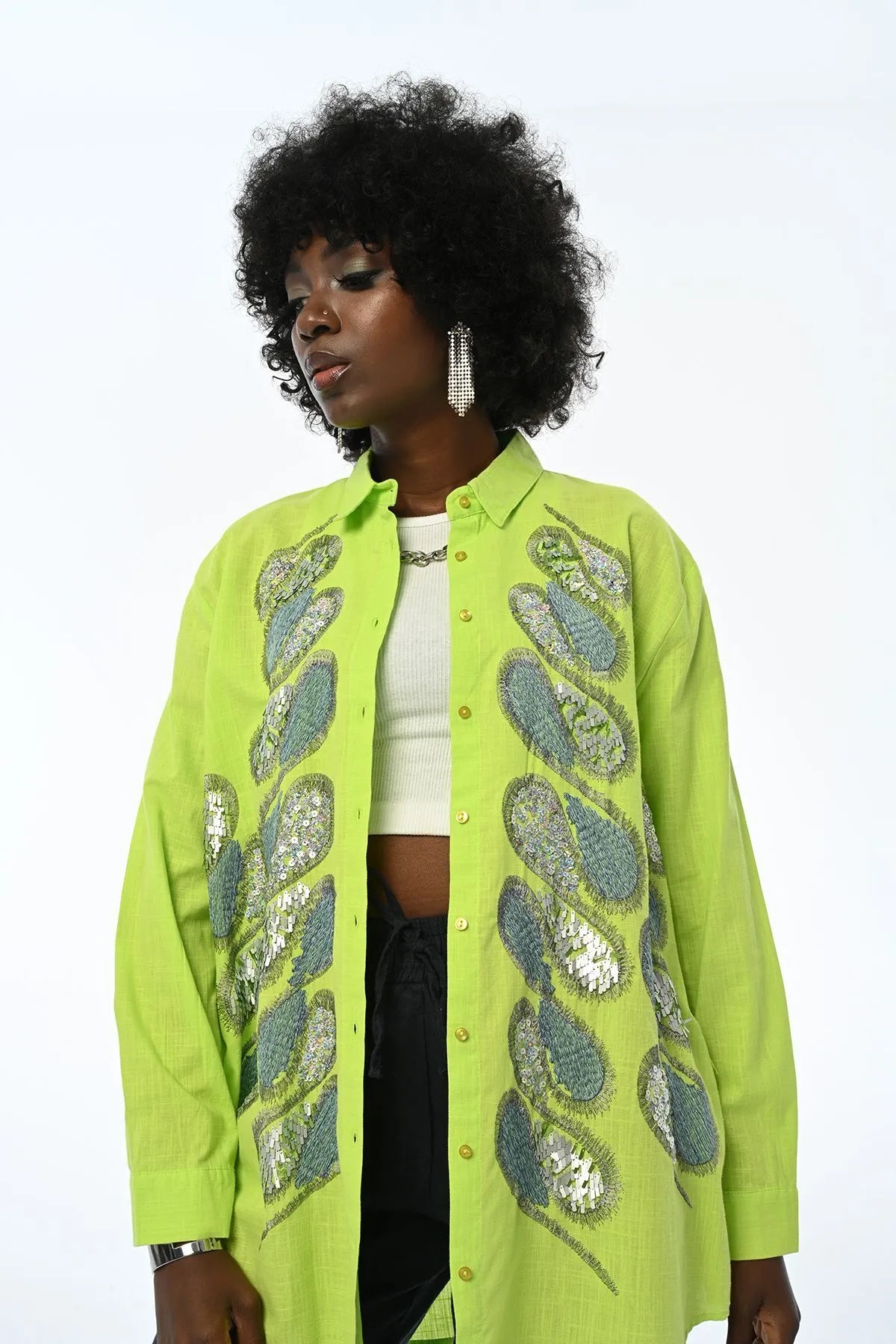 Women's Embroidery And Sequin Embroidery Oversize Cotton Shirt
