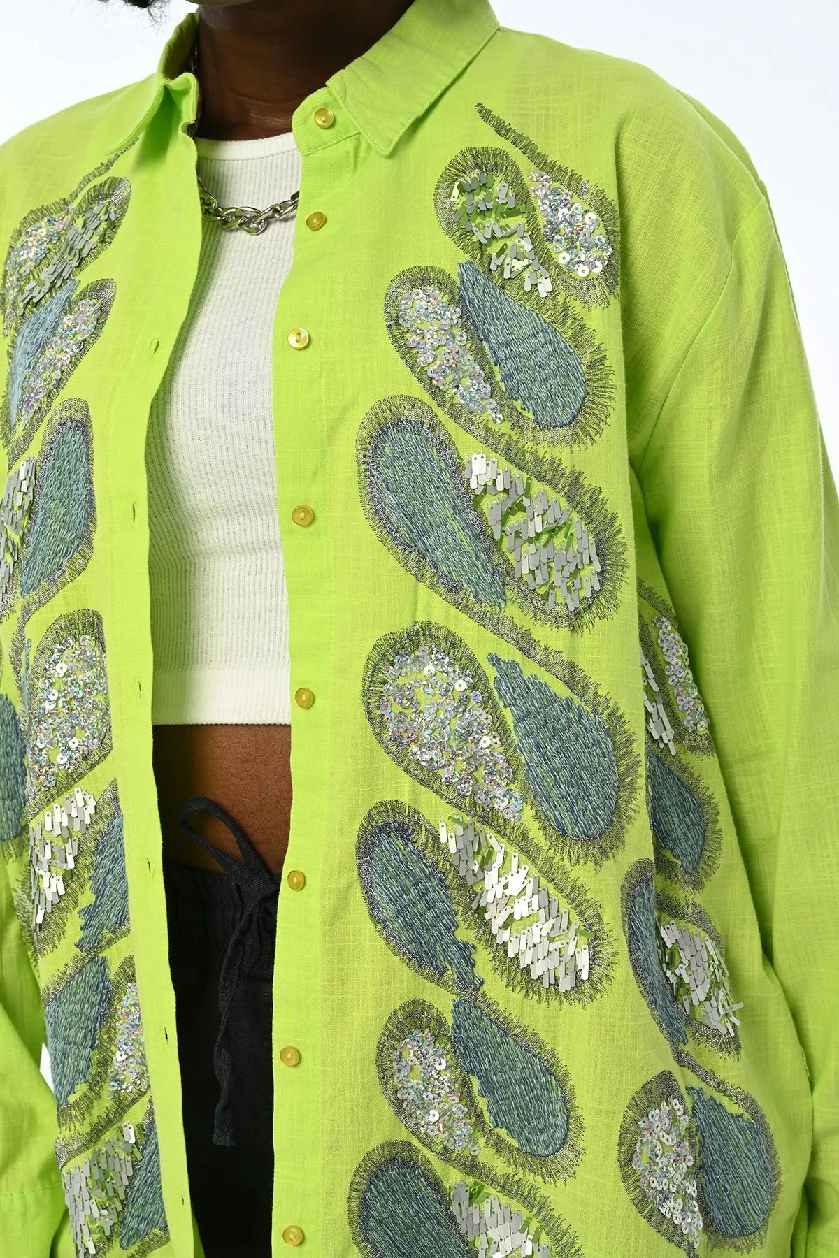 Women's Embroidery And Sequin Embroidery Oversize Cotton Shirt