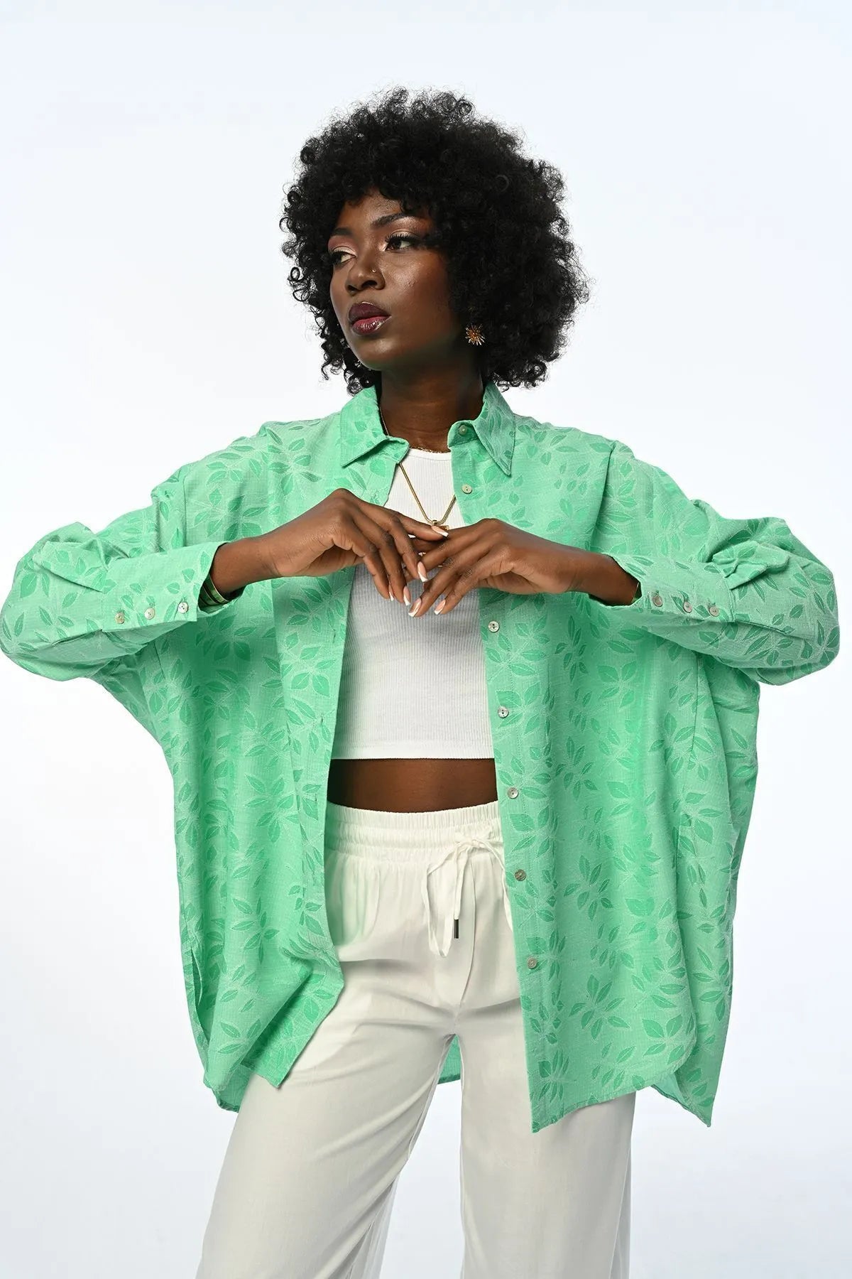 Women's Oversize Cut Green Leaf Patterned Hijab Shirt