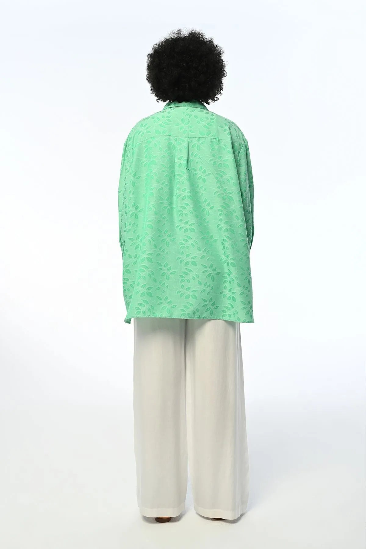 Women's Oversize Cut Green Leaf Patterned Hijab Shirt