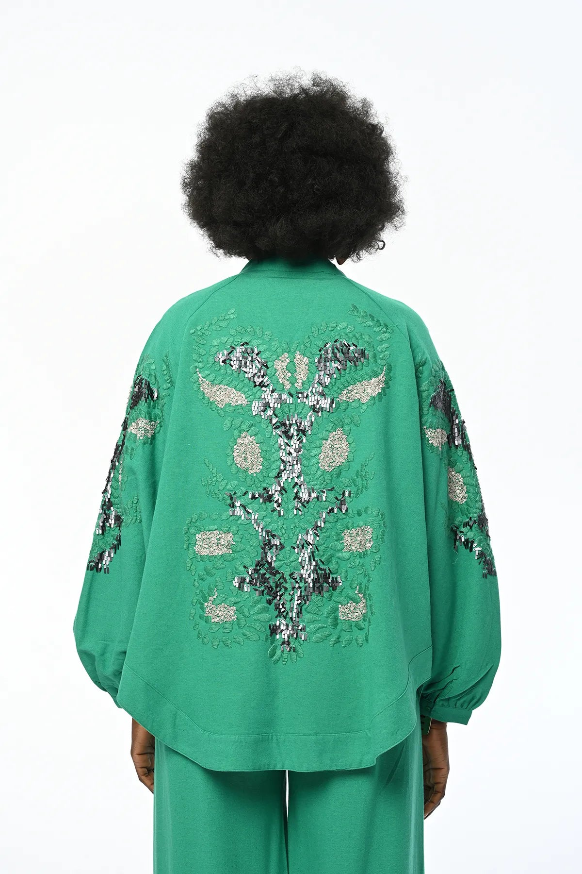 Women's Back And Sleeve Embroidered Sequin Oversize Plus Size And Hijab Suitable Kimono