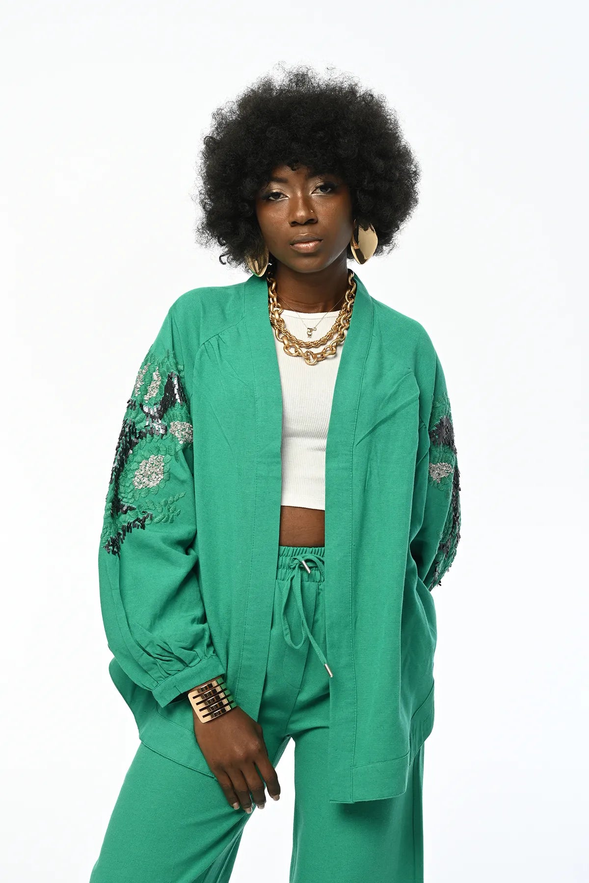 Women's Back And Sleeve Embroidered Sequin Oversize Plus Size And Hijab Suitable Kimono