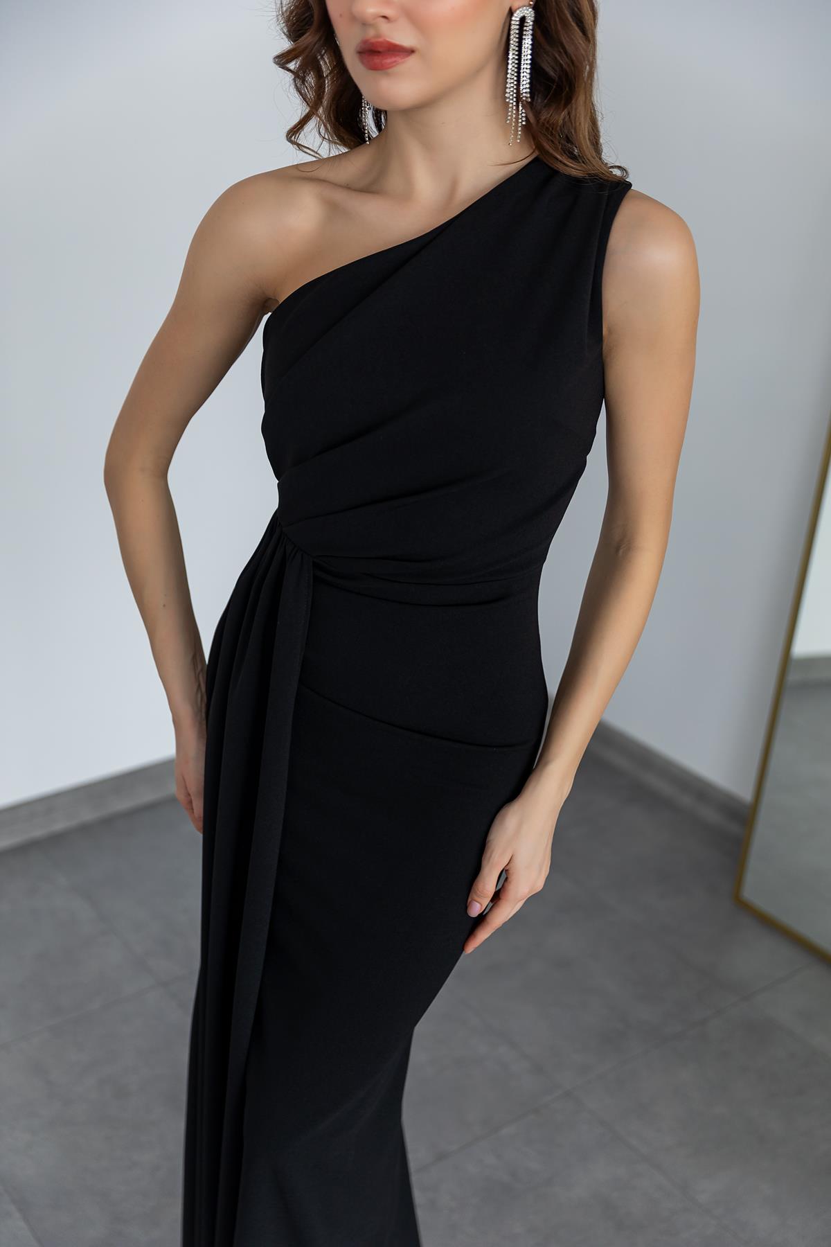 One Shoulder Evening Dress - BLACK - Lebbse