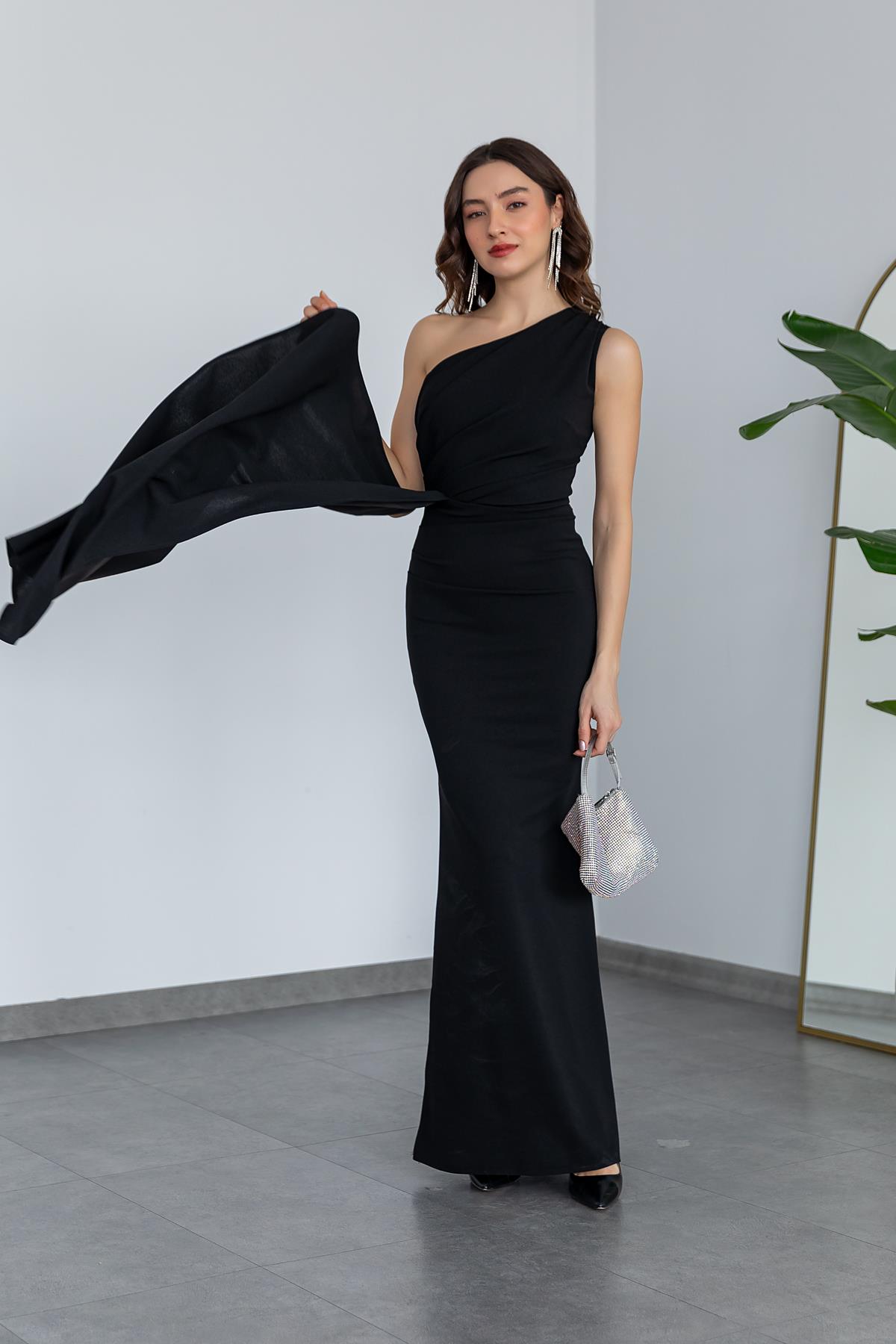 One Shoulder Evening Dress - BLACK - Lebbse