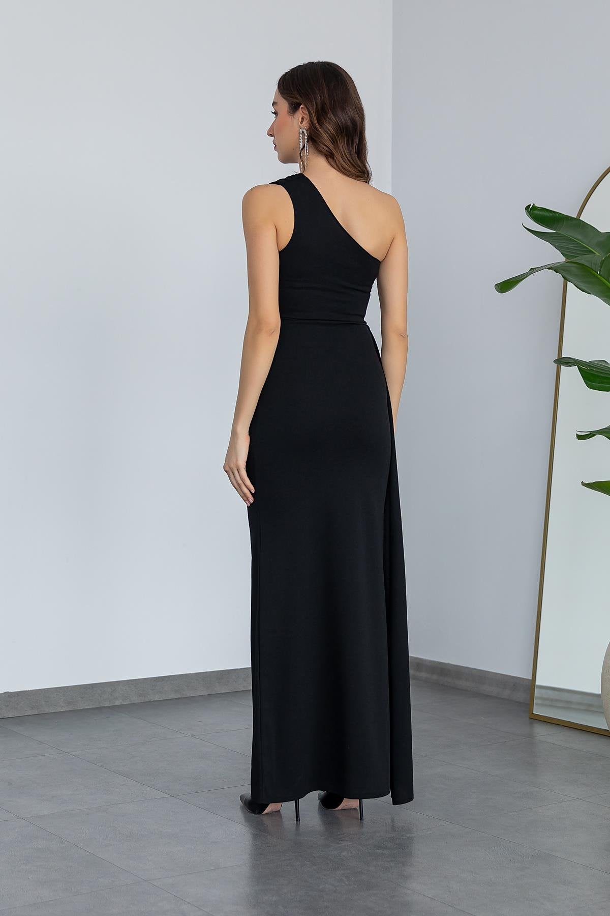 One Shoulder Evening Dress - BLACK - Lebbse