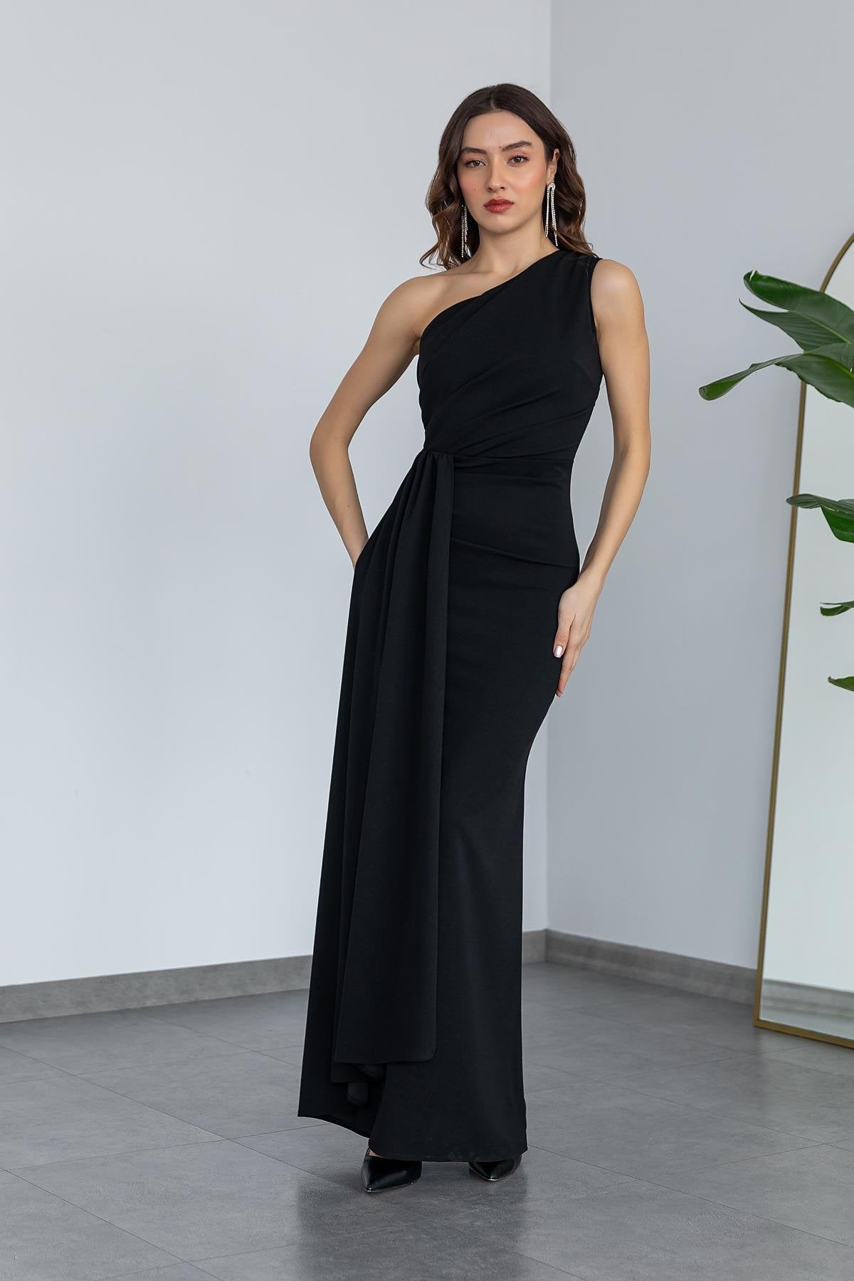 One Shoulder Evening Dress - BLACK - Lebbse