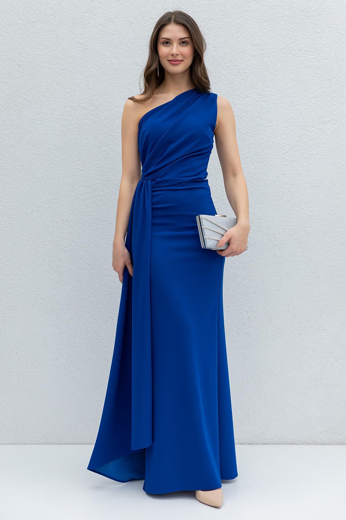One Shoulder Evening Dress - DARK BLUE - Lebbse