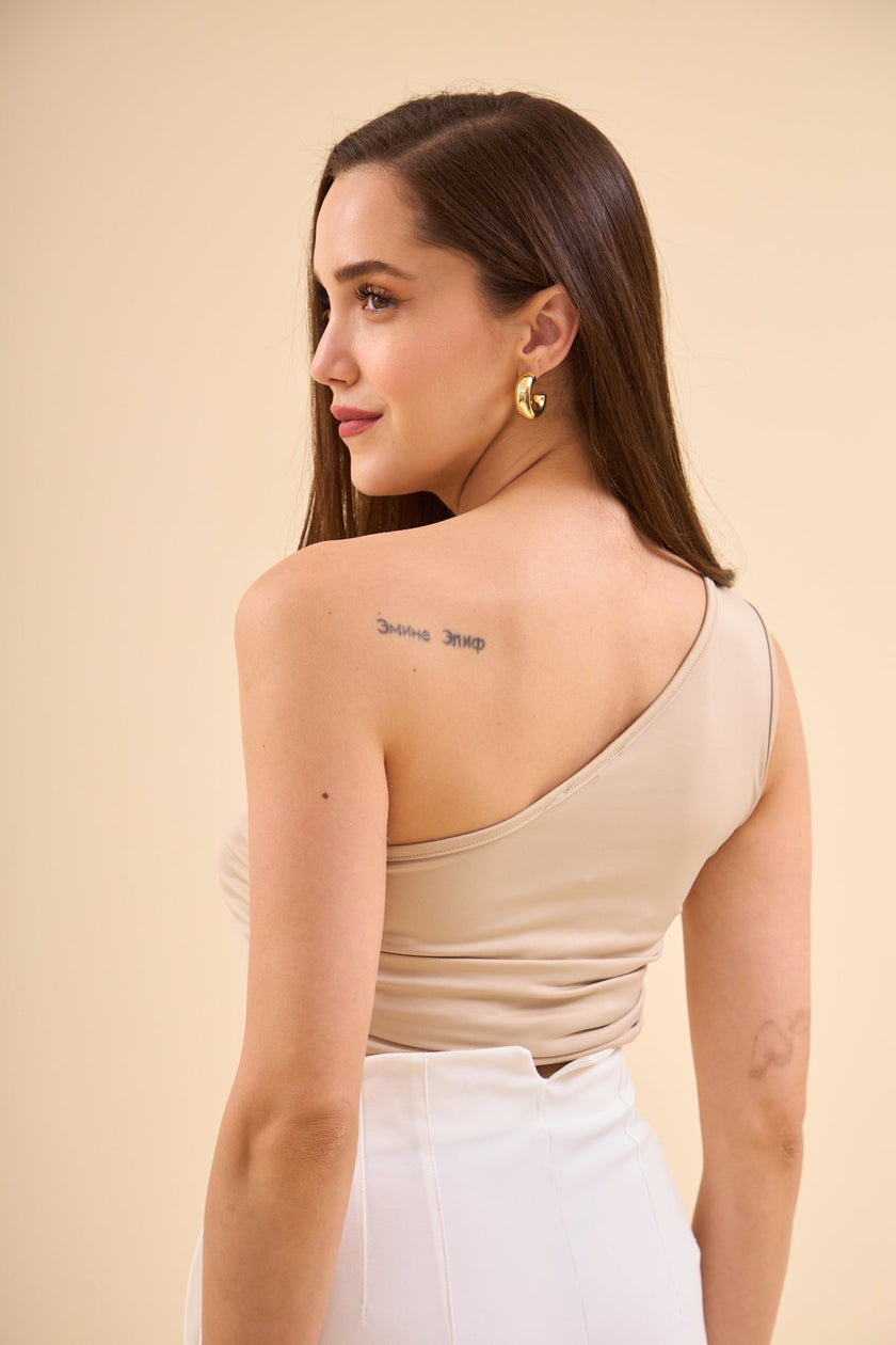 One Shoulder Floral Detail Tank Top Beige - Lebbse