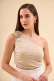 One Shoulder Floral Detail Tank Top Beige - Lebbse