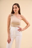 One Shoulder Floral Detail Tank Top Beige - Lebbse