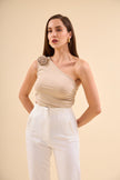 One Shoulder Floral Detail Tank Top Beige - Lebbse