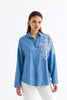 قميص نسائي أزرق مطرز دانتيل على كتف واحد - One Shoulder Lace Detailed Shirt Blue