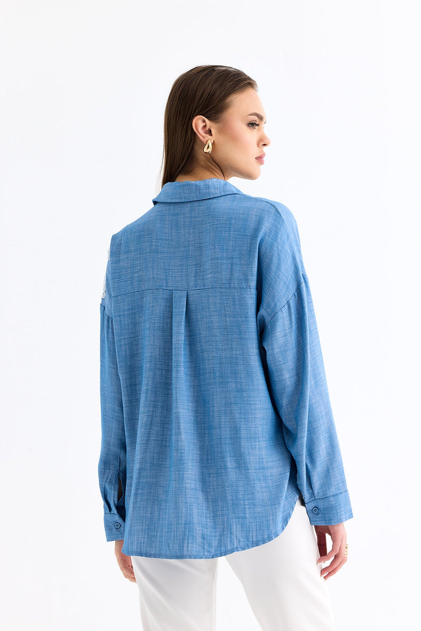 5- قميص نسائي أزرق مطرز دانتيل على كتف واحد - One Shoulder Lace Detailed Shirt Blue