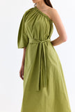 One - Shoulder Low - cut Belted Dress Green - Lebbse