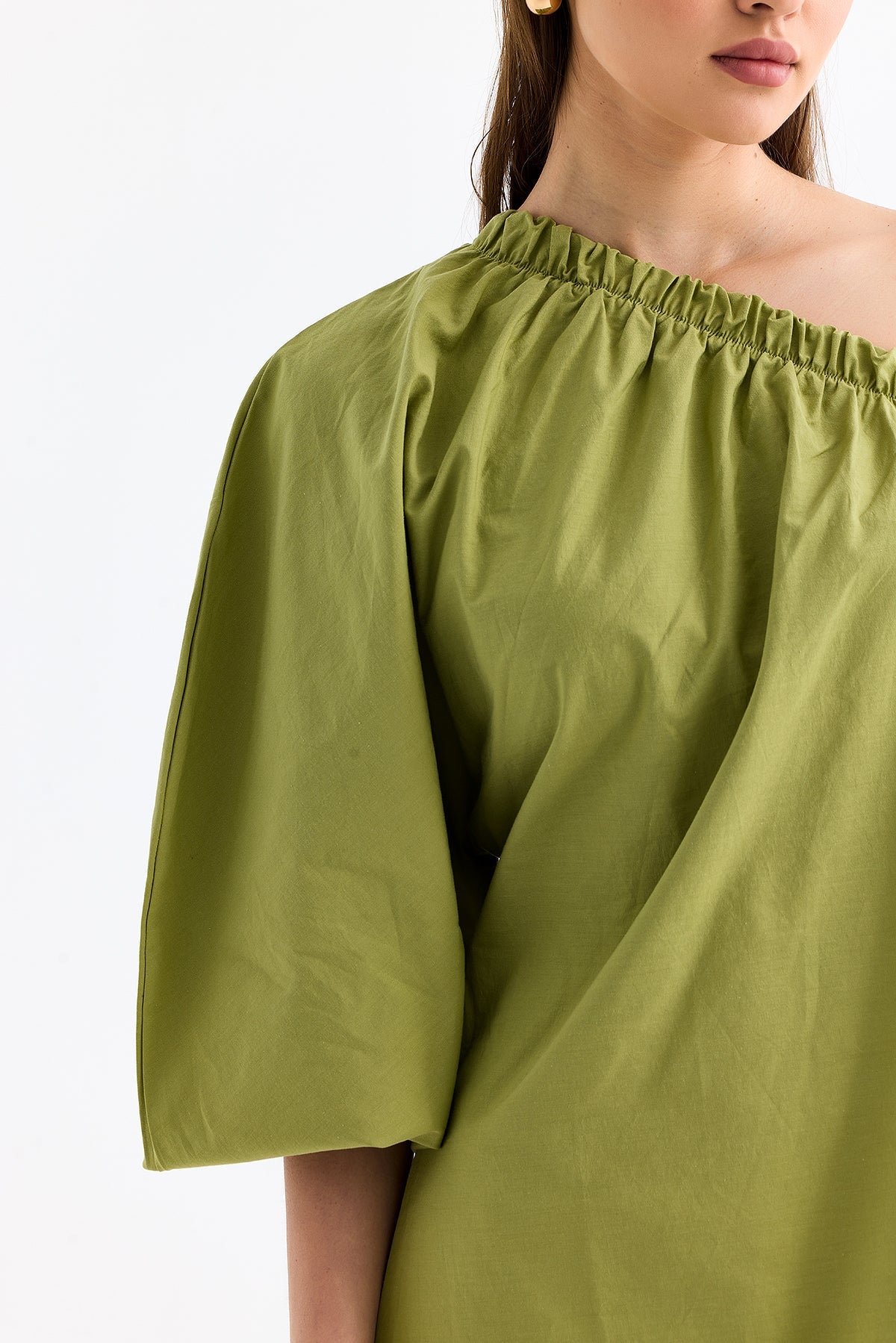 One - Shoulder Low - cut Belted Dress Green - Lebbse