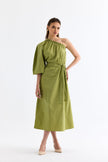One - Shoulder Low - cut Belted Dress Green - Lebbse