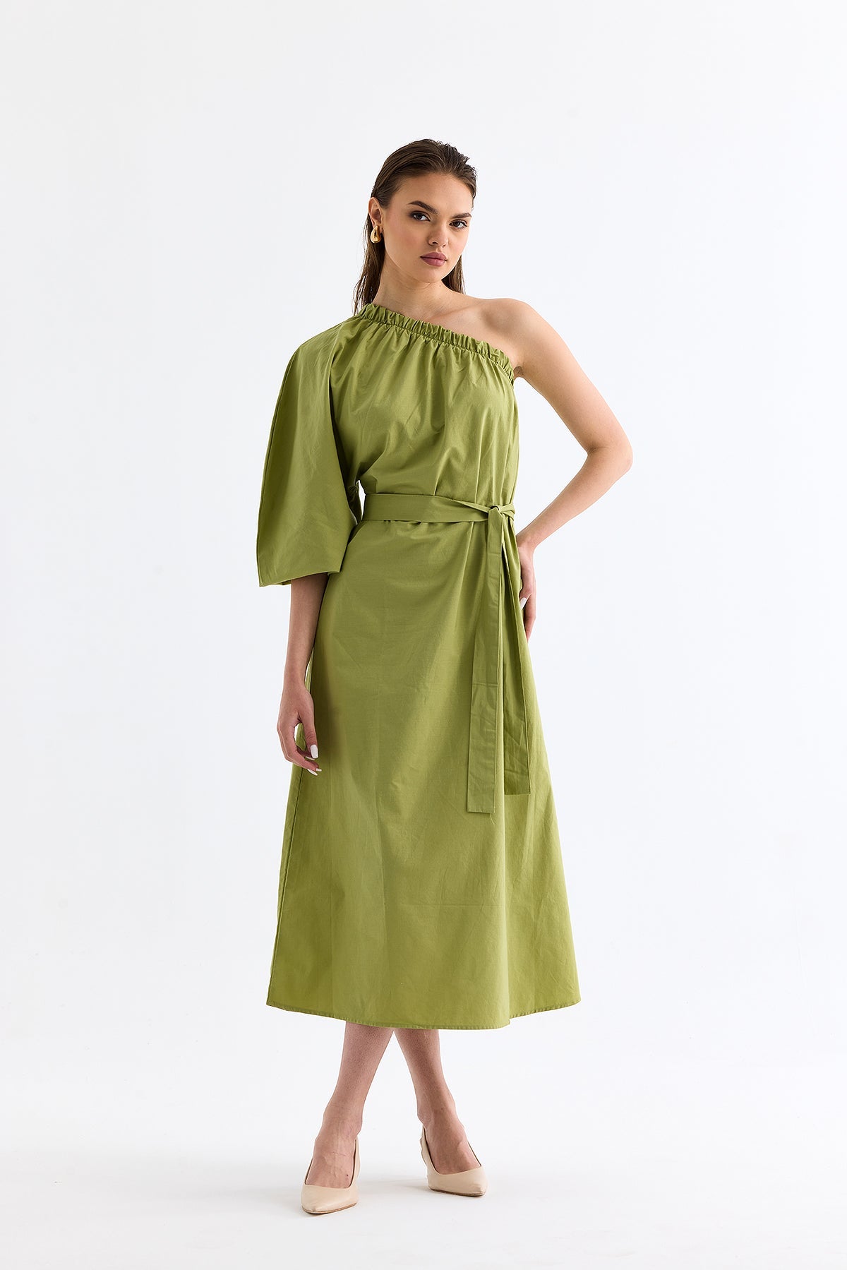 One - Shoulder Low - cut Belted Dress Green - Lebbse