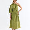 One - Shoulder Low - cut Belted Dress Green - Lebbse