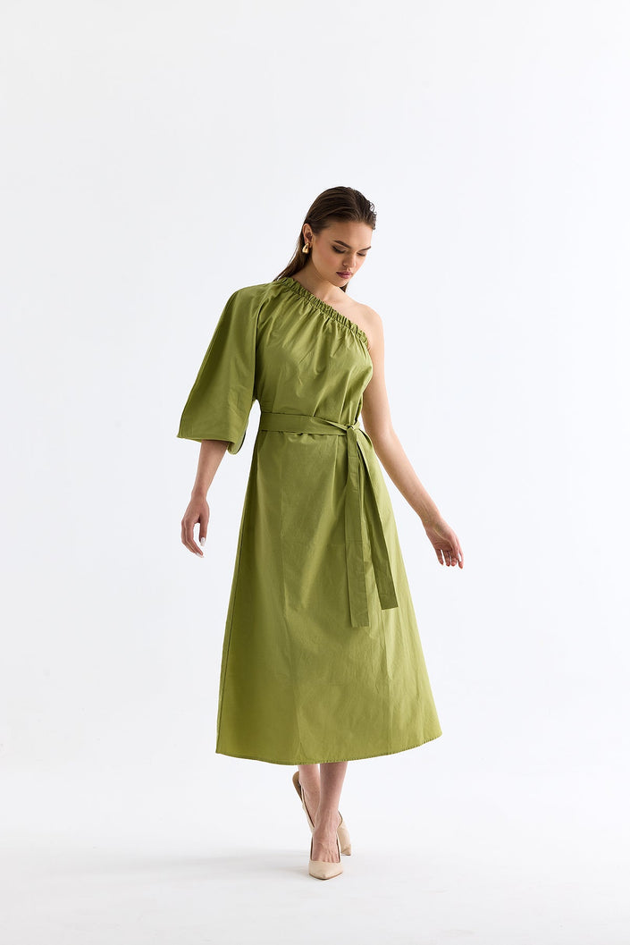 One - Shoulder Low - cut Belted Dress Green - Lebbse